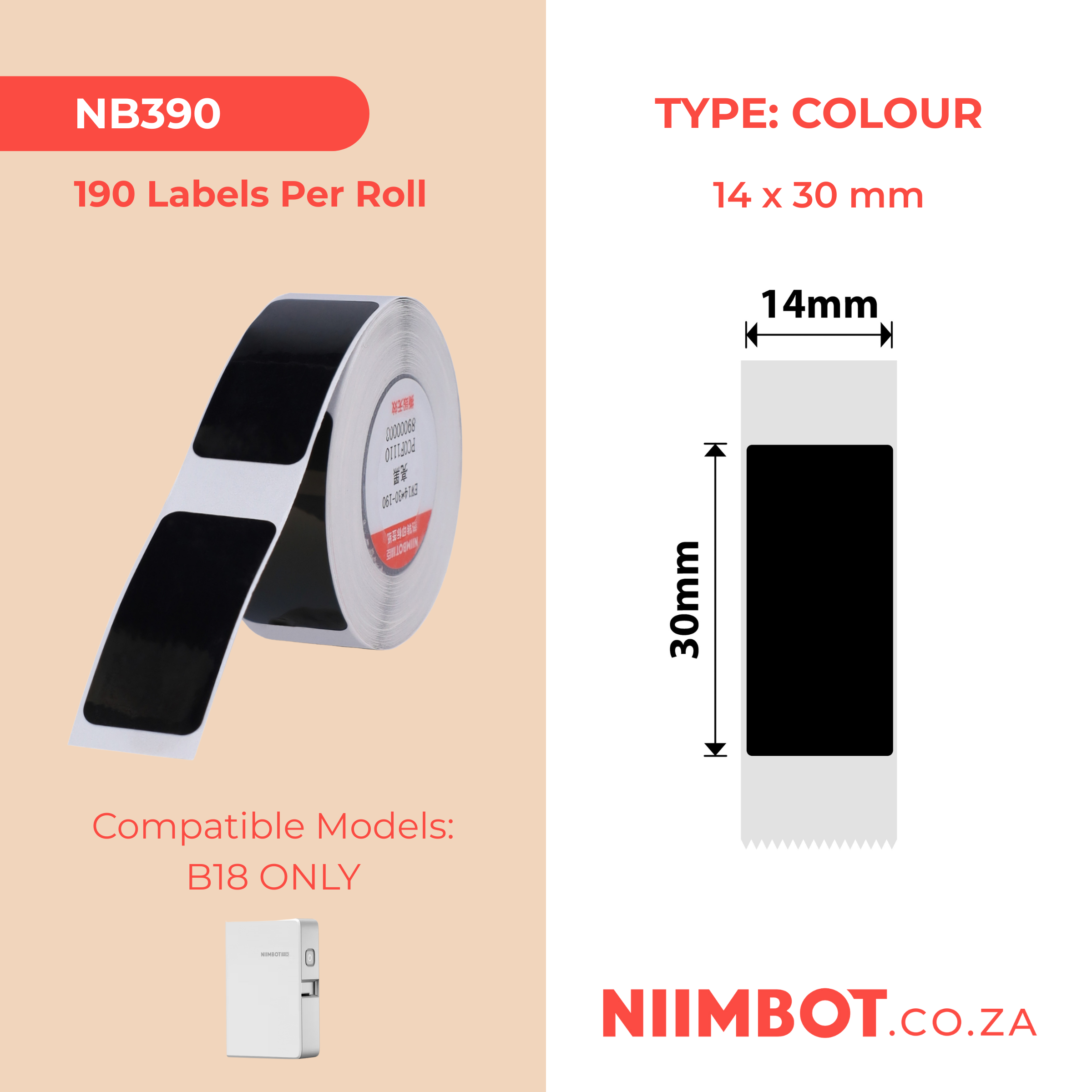 NB390 - NIIMBOT - B18 / N1 - EW14X30mm -190 LABELS PER ROLL - BLACK