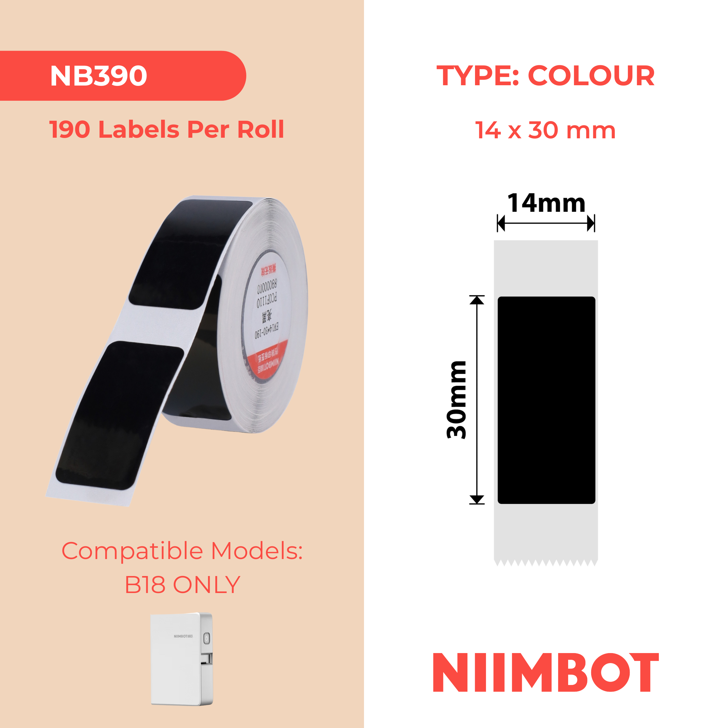 NB390 - NIIMBOT - B18 / N1 - EW14X30mm -190 LABELS PER ROLL - BLACK