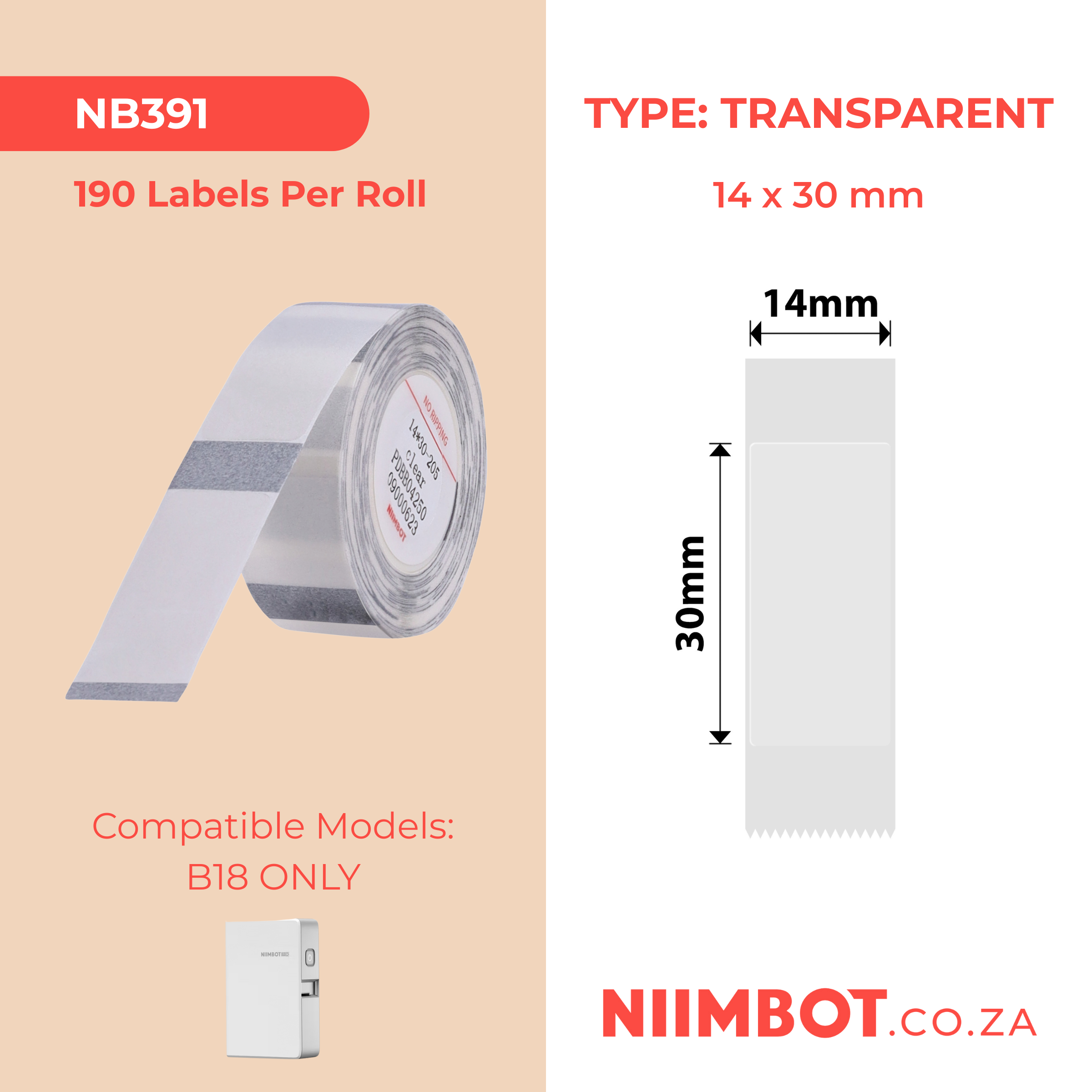 NB391 - NIIMBOT - B18 / N1 - ET14X30MM - 190 LABELS PER ROLL - TRANSPARENT