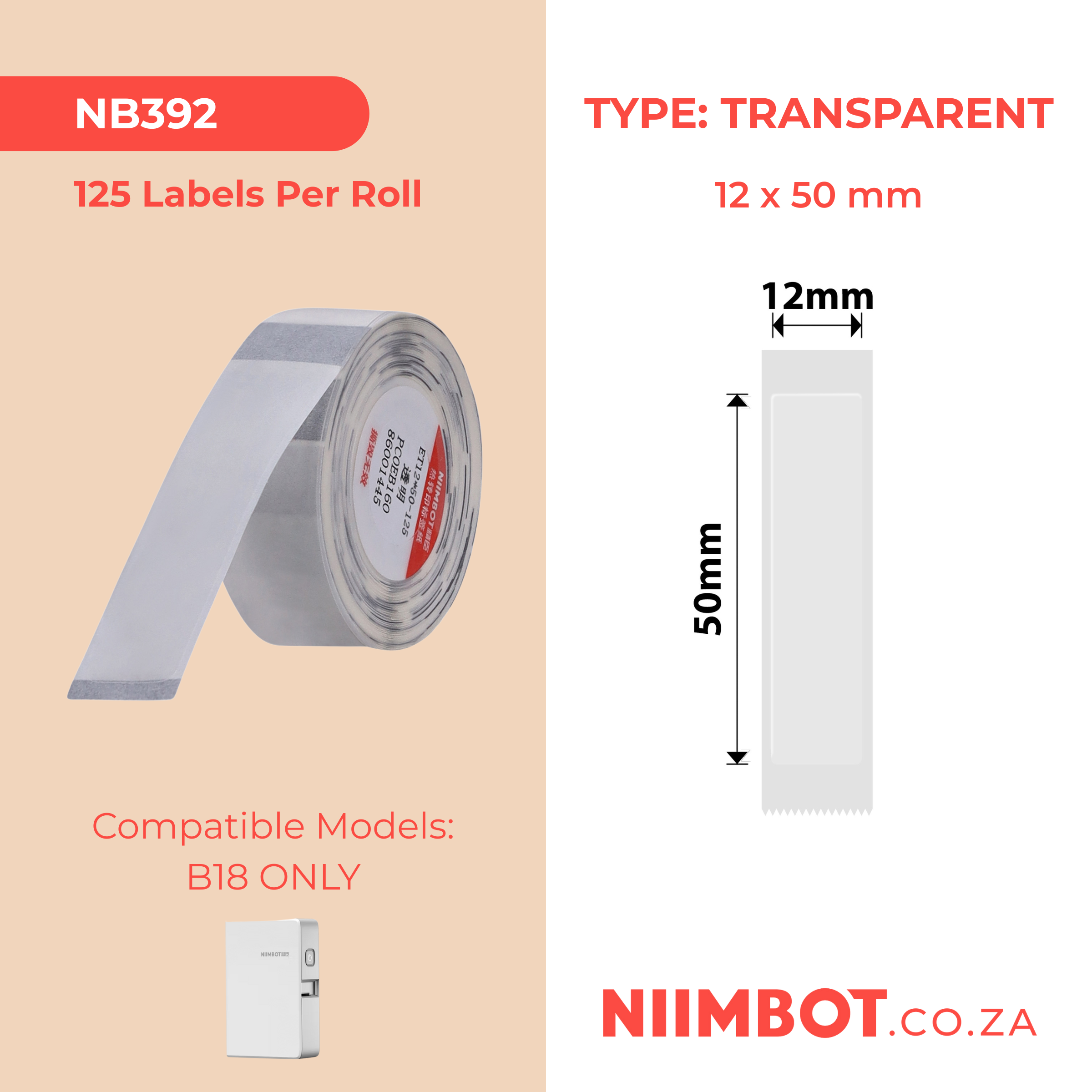 NB392 - NIIMBOT - B18 / N1 - ET12X50MM - 125 LABELS PER ROLL - TRANSPARENT