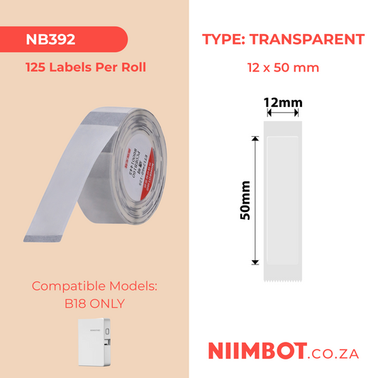 NB392 - NIIMBOT - B18 / N1 - ET12X50MM - 125 LABELS PER ROLL - TRANSPARENT