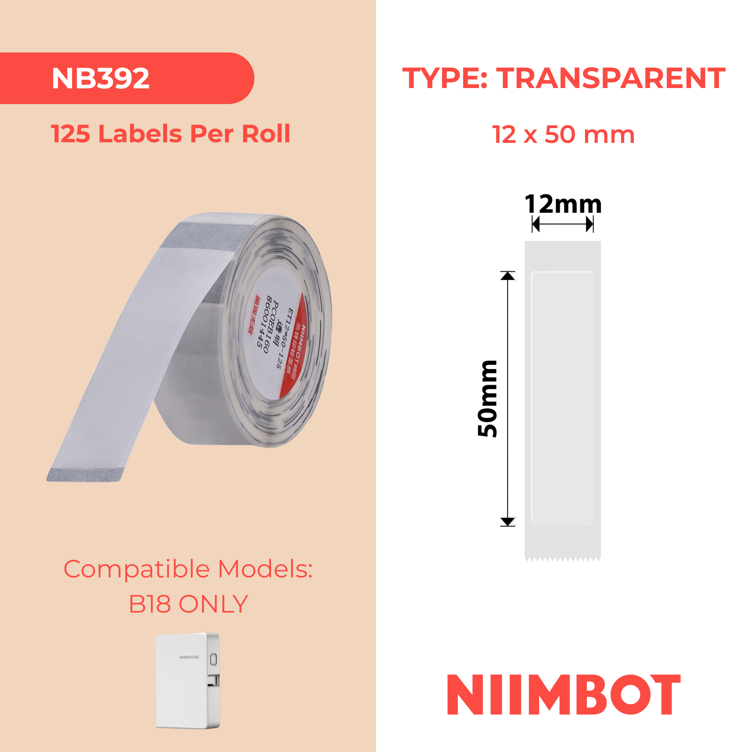 NB392 - NIIMBOT - B18 / N1 - ET12X50MM - 125 LABELS PER ROLL - TRANSPARENT