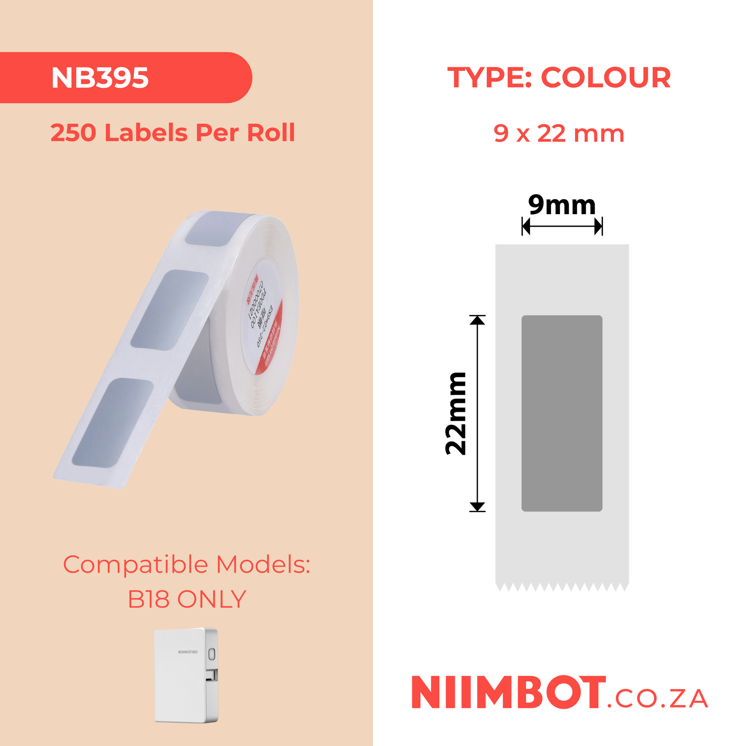 NB395 - NIIMBOT - B18 / N1 - ES 9X22mm - 250 LABELS PER ROLL - SILVER