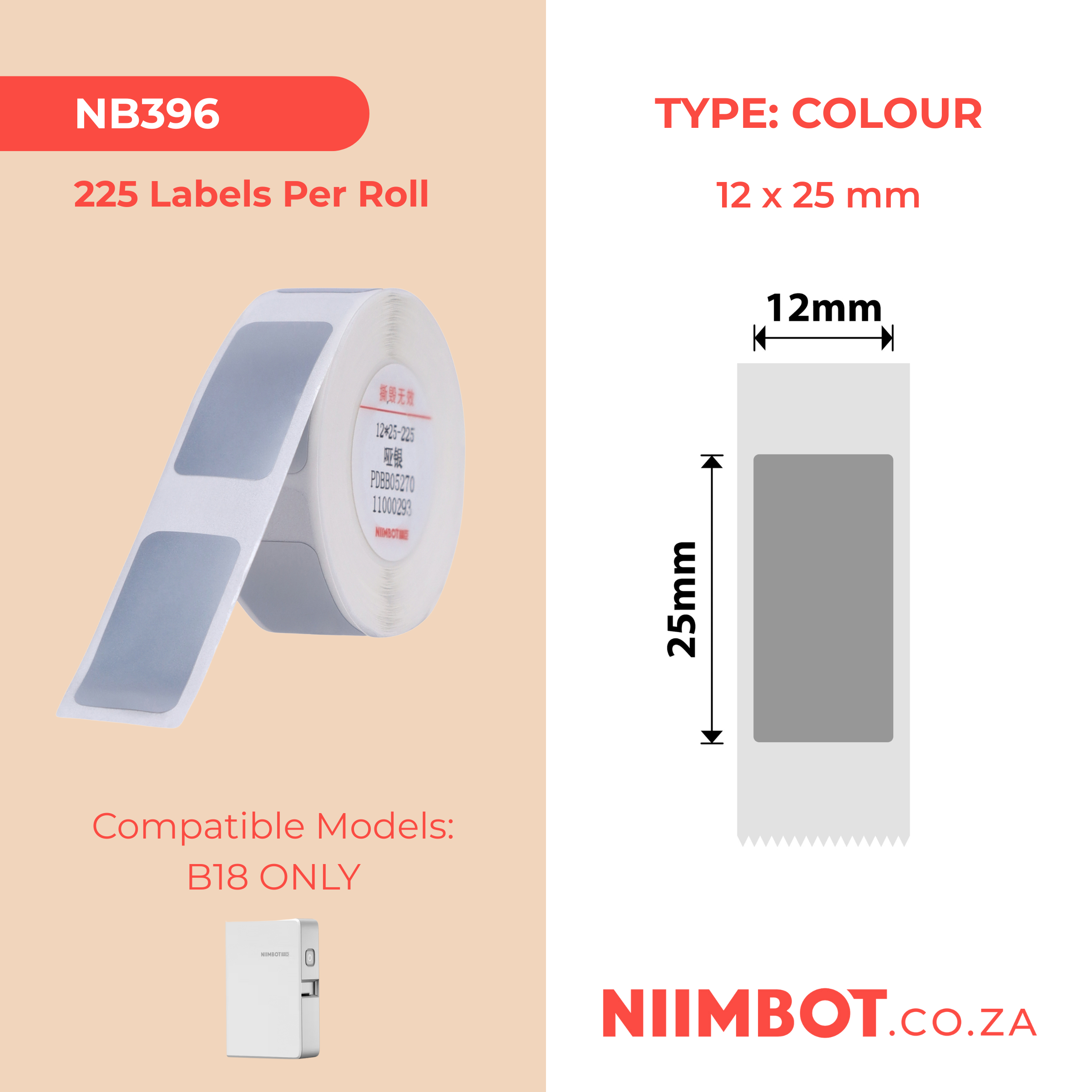 NB396 - NIIMBOT - B18 / N1 - ES12X25mm -225 LABELS PER ROLL - SILVER
