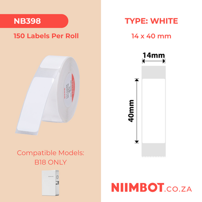 NB398 - NIIMBOT - B18 / N1 - EW14X40mm - 150 LABELS PER ROLL - WHITE