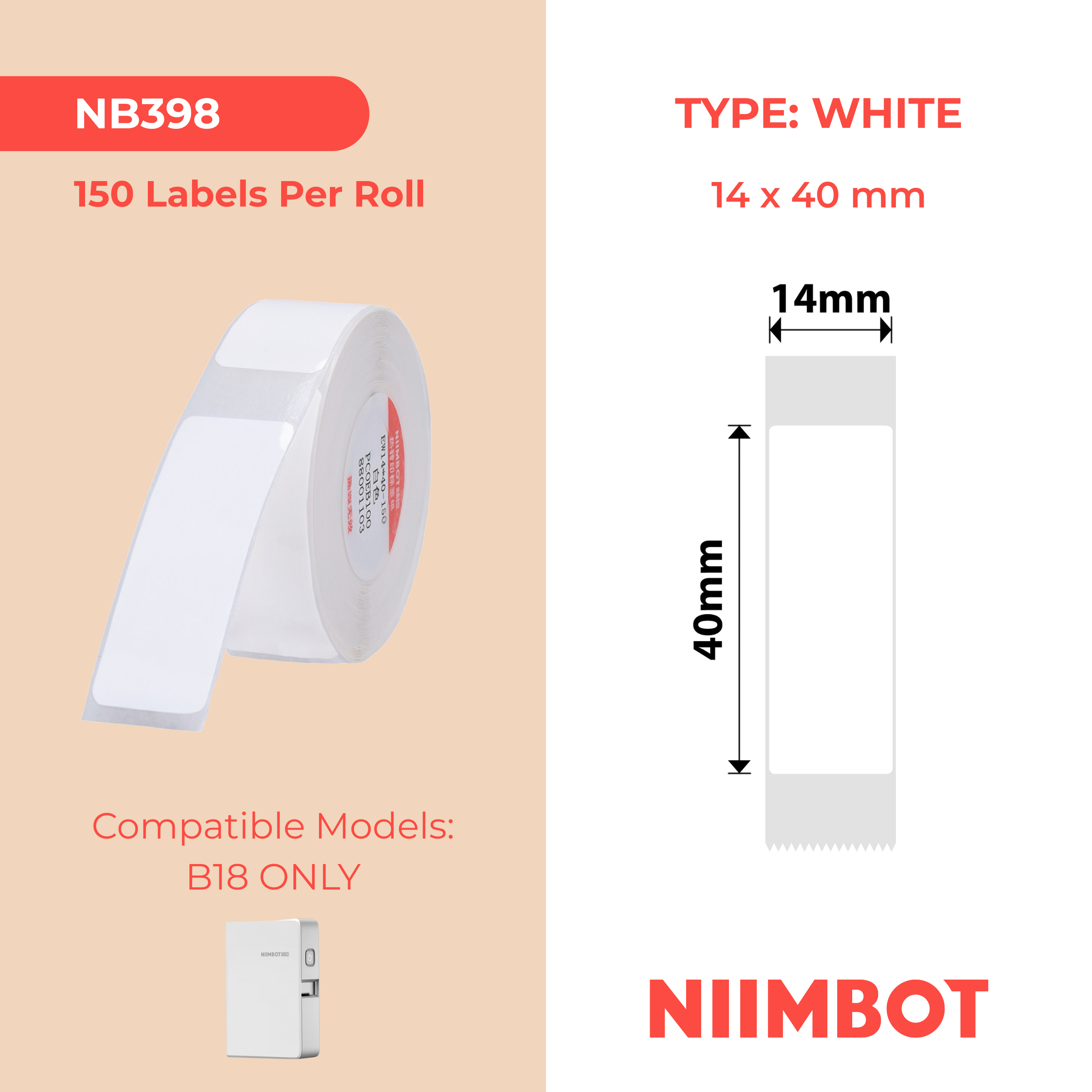 NB398 - NIIMBOT - B18 / N1 - EW14X40mm - 150 LABELS PER ROLL - WHITE