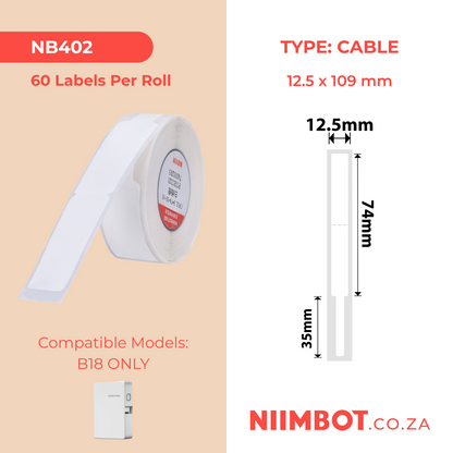 NB402 - NIIMBOT - B18 / N1 - EW12.5X109mm - 60 LABELS PER ROLL - WHITE - CABLE