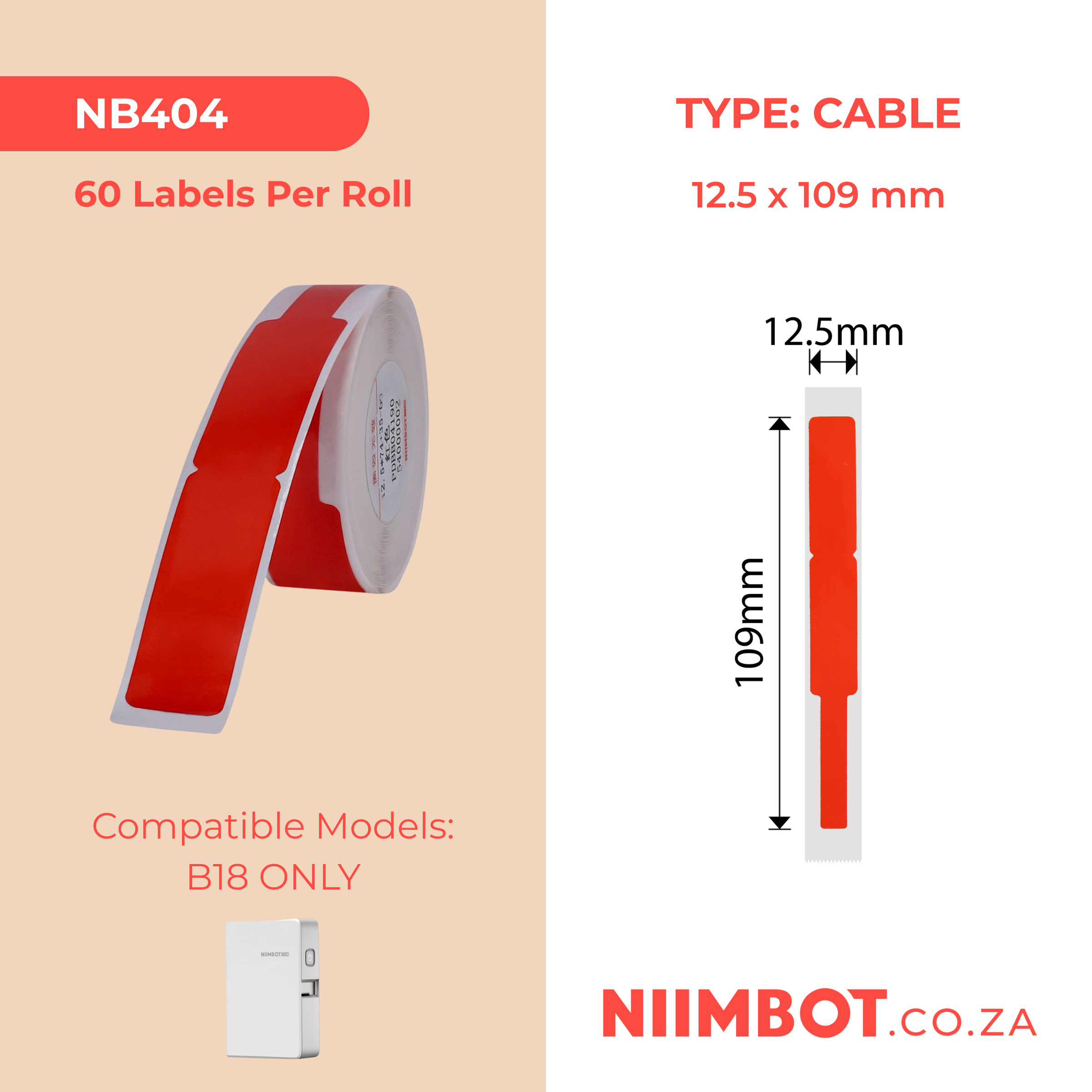 NB404 - NIIMBOT - B18 / N1 - EW12.5X109mm - 60 LABELS PER ROLL - RED - CABLE
