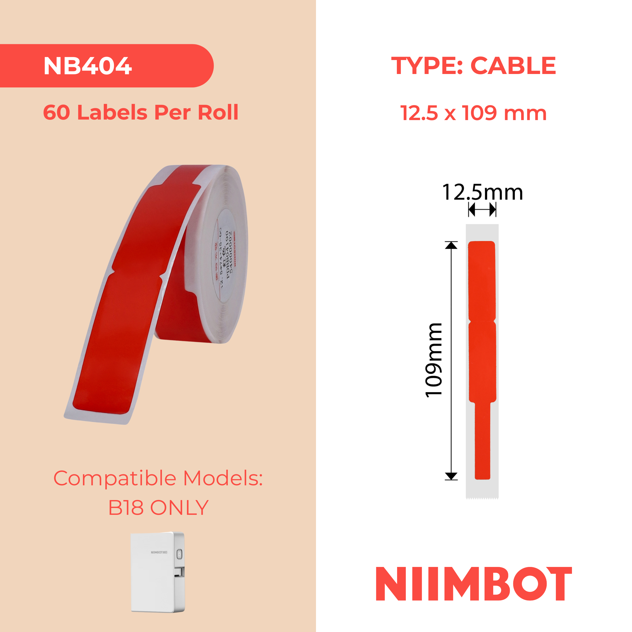 NB404 - NIIMBOT - B18 / N1 - EW12.5X109mm - 60 LABELS PER ROLL - RED - CABLE