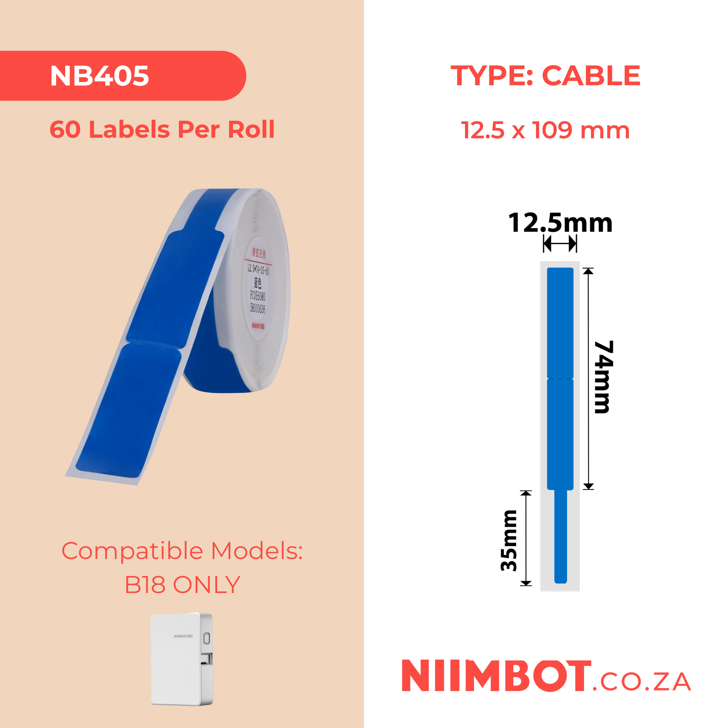 NB405 - NIIMBOT - B18 / N1 - EW12.5X109mm - 60 LABELS PER ROLL - BLUE - CABLE