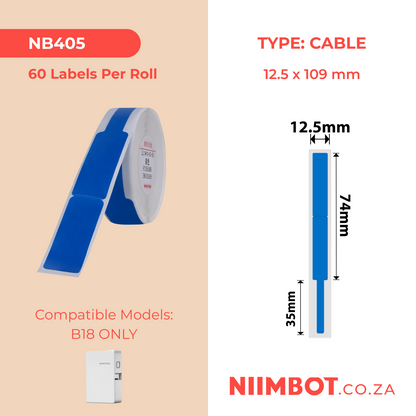 NB405 - NIIMBOT - B18 / N1 - EW12.5X109mm - 60 LABELS PER ROLL - BLUE - CABLE