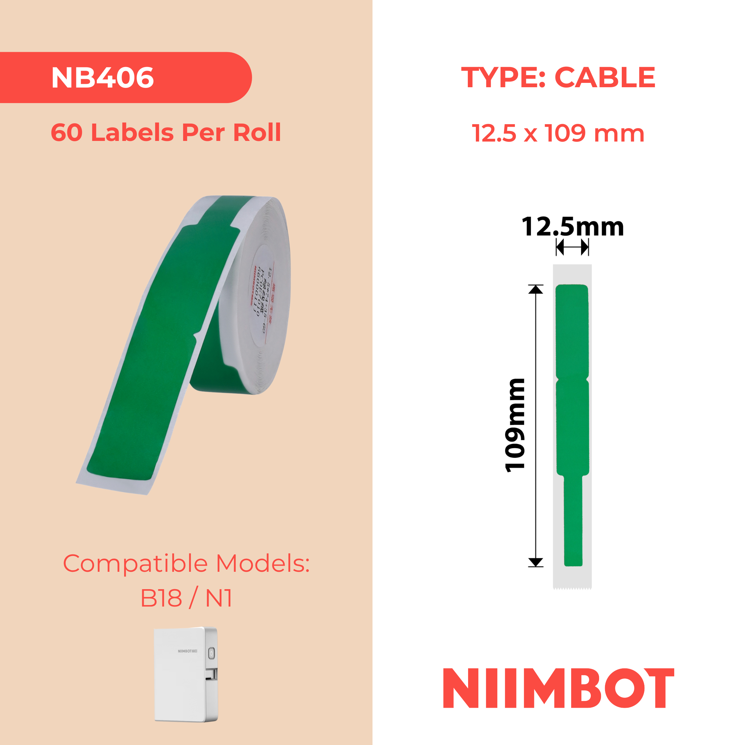 NB406 - Niimbot - N1 - 12.5x109mm - 60 Green Cable Labels