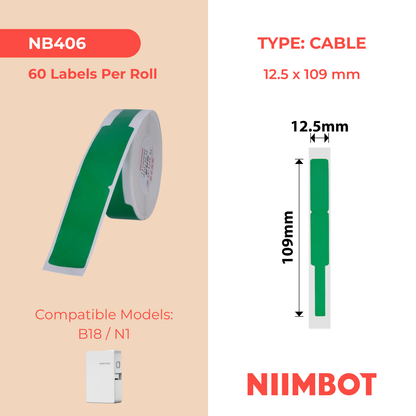 NB406 - Niimbot - N1 - 12.5x109mm - 60 Green Cable Labels
