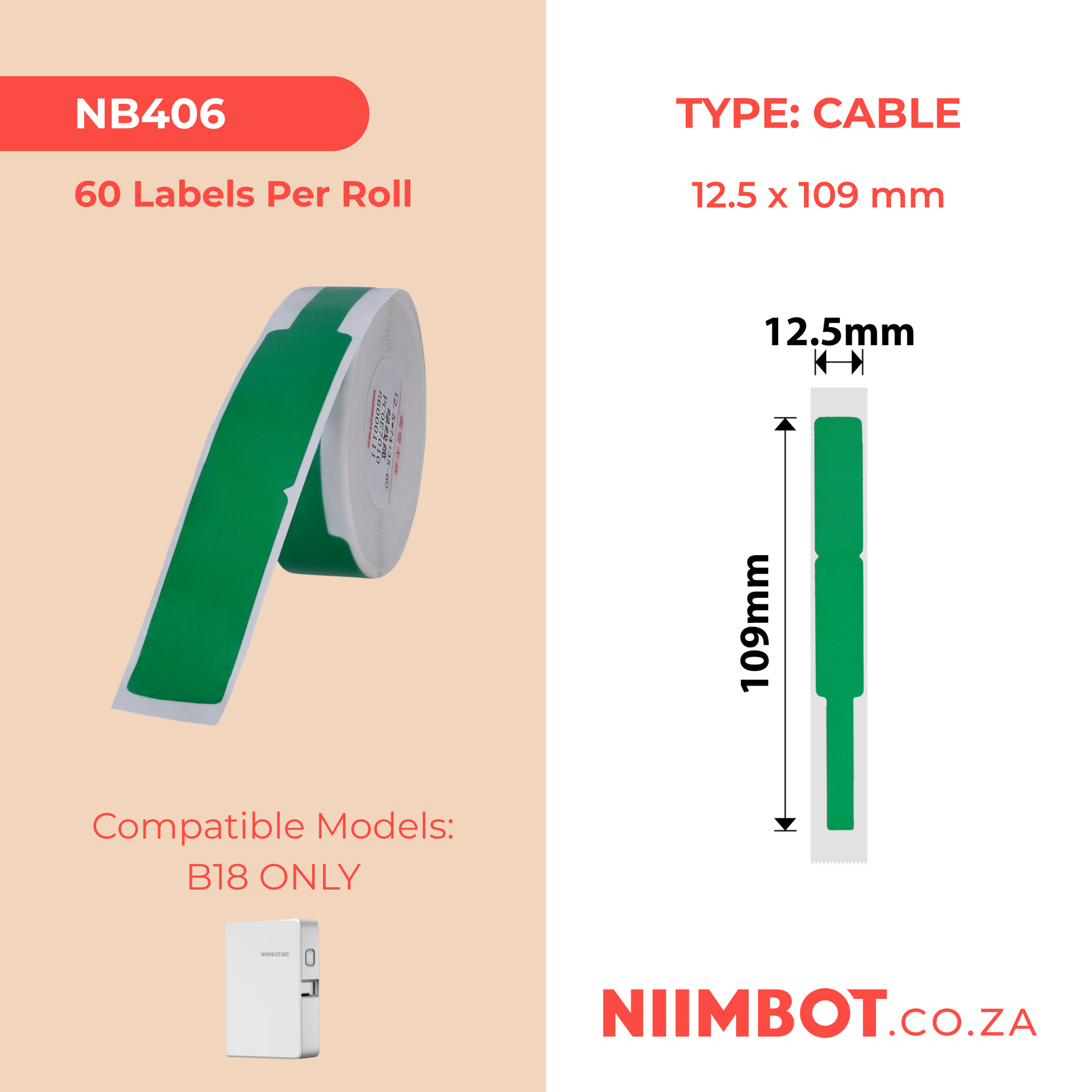 NB406 - NIIMBOT - B18 / N1 - EW12.5X109mm - 60 LABELS PER ROLL- GREEN - CABLE
