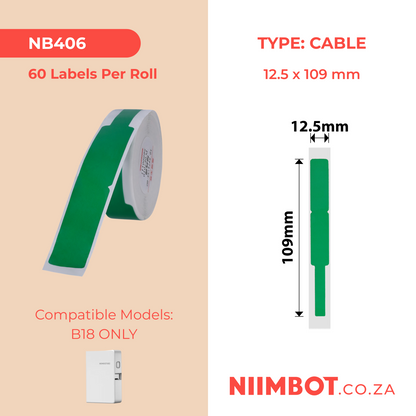 NB406 - NIIMBOT - B18 / N1 - EW12.5X109mm - 60 LABELS PER ROLL- GREEN - CABLE