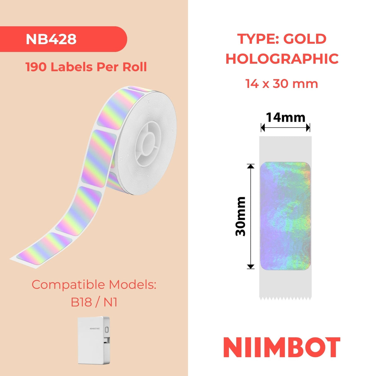 NIIMBOT - N1 - 14x30mm - Silver Hologram - 190 Labels