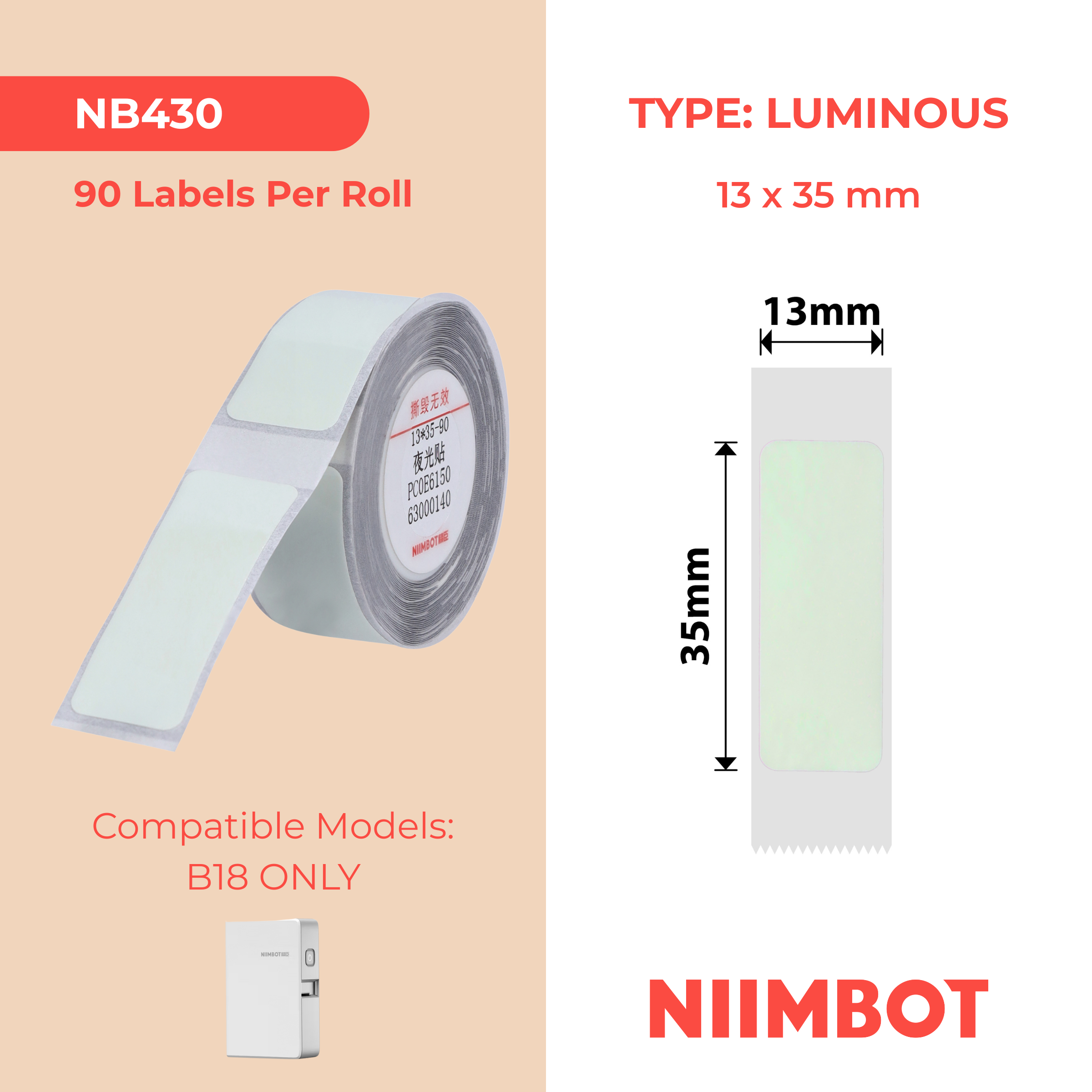 NB430 - NIIMBOT - B18 / N1 - EL13X35mm - 90 LABELS PER ROLL - LUMINOUS DESIGN