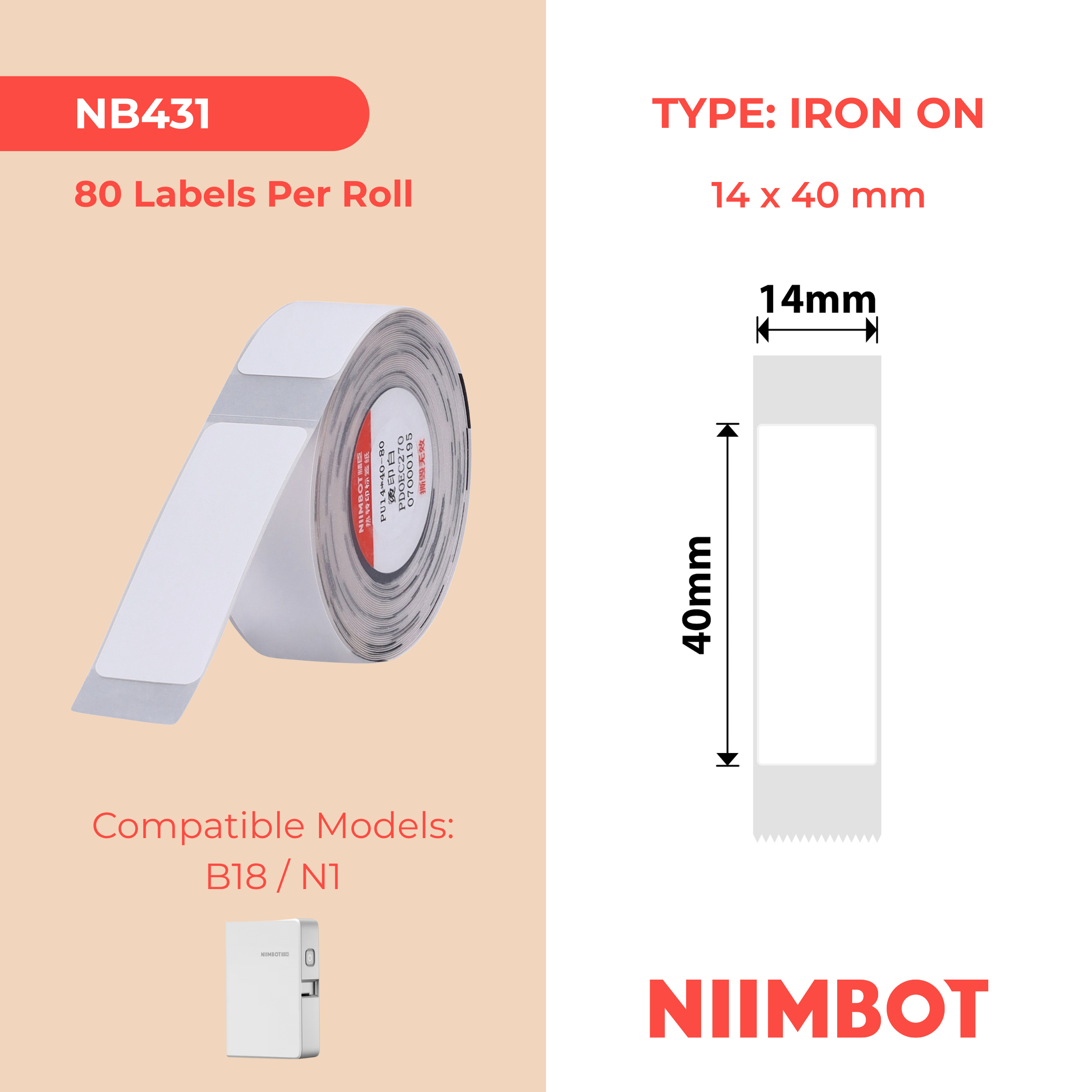 NB431 - Niimbot - N1 - 14x40mm - 60 White Iron On Labels