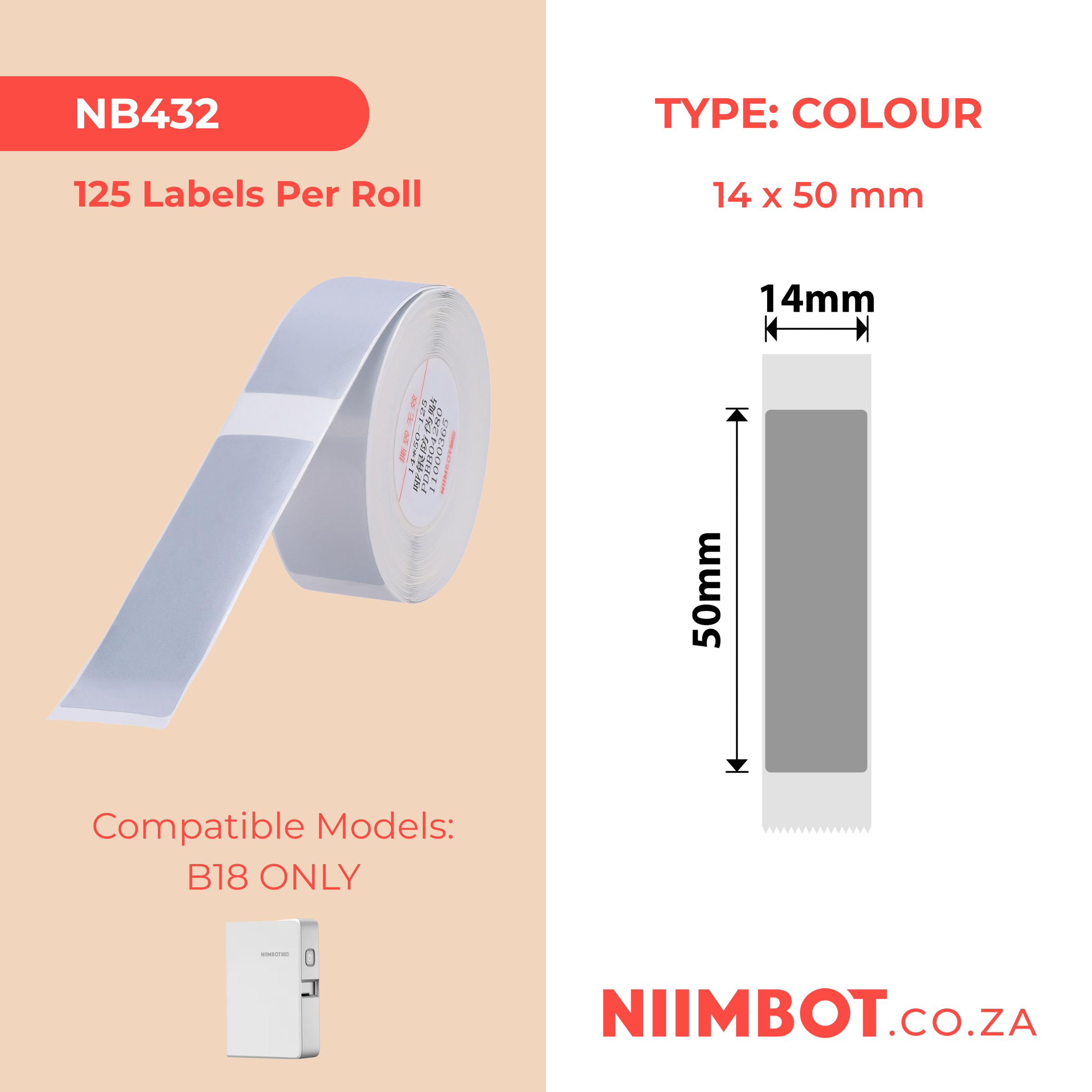 NB432 - NIIMBOT - B18 / N1 - ES14X50mm - 125 LABELS PER ROLL - GREY VOID LABEL