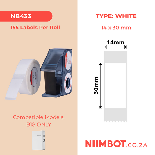 NB433 - NIIMBOT - B18 / N1 - NY14X30MM - WHITE LIQUID NITROGEN LABEL AND BLACK CARTRIDGE SET - 155 LABELS PER ROLL