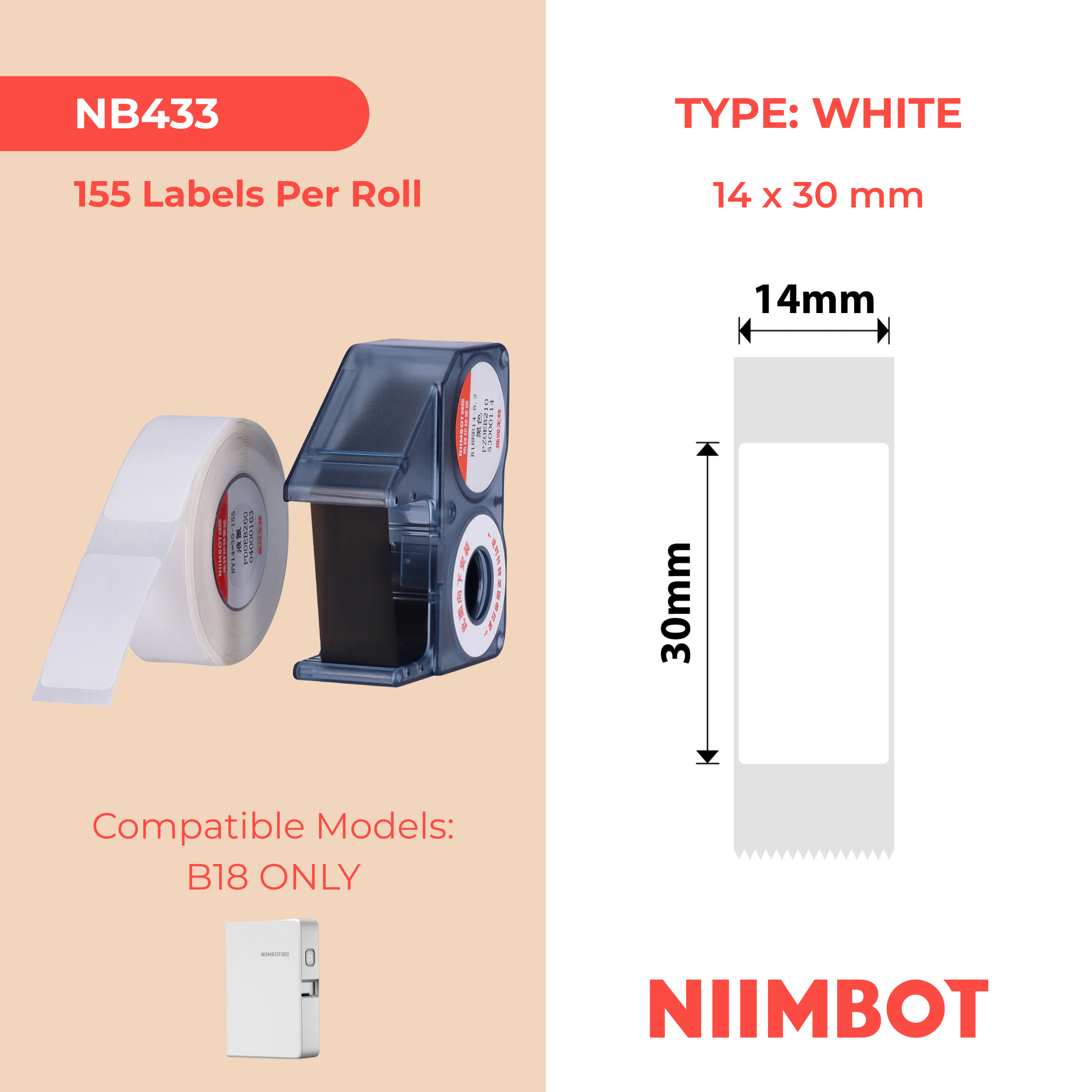 NB433 - NIIMBOT - B18 / N1 - 14X30MM - 155 WHITE LIQUID NITROGEN LABELS & BLACK CARTRIDGE SET
