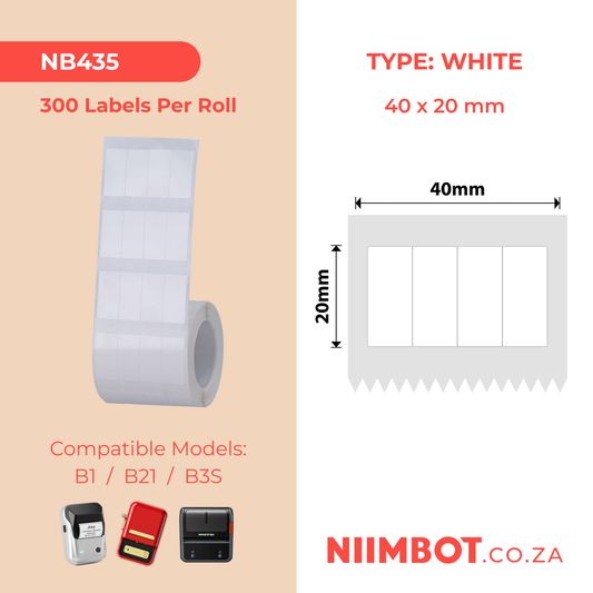 NB435 - NIIMBOT - B1 / B21 / B3S - T40X20MM - 300 LABELS PER ROLL - (10X20/4) - WHITE