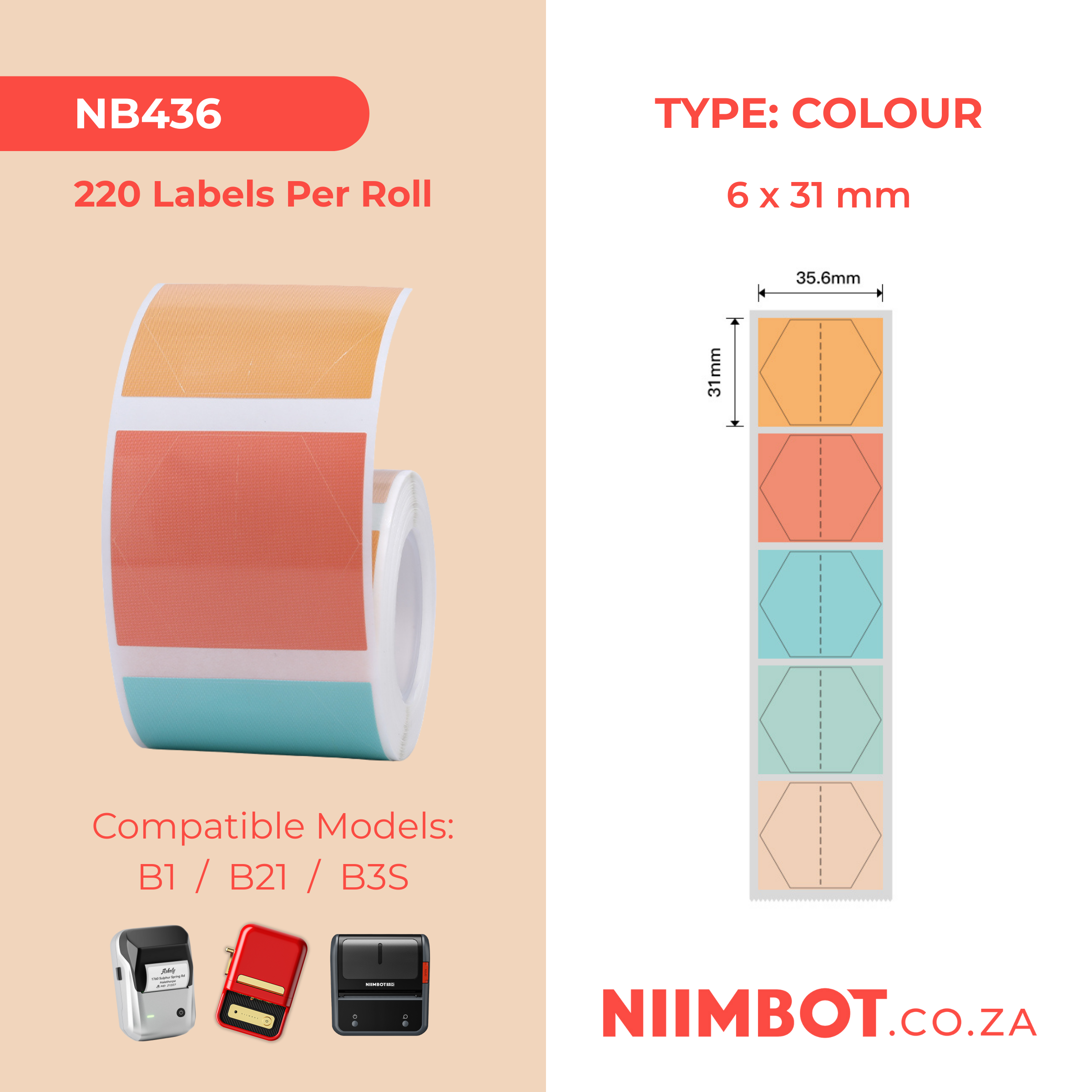 NB436 - NIIMBOT - B1 / B21 / B3S / B4 - 35.6X31MM - 220 THERMAL LABELS (MULTI-COLOUR) - HEXAGON DESIGN