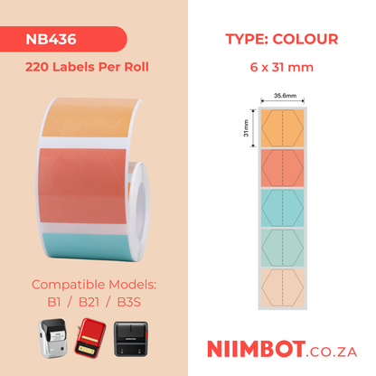 NB436 - NIIMBOT - B1 / B21 / B3S / B4 - 35.6X31MM - 220 THERMAL LABELS (MULTI-COLOUR) - HEXAGON DESIGN