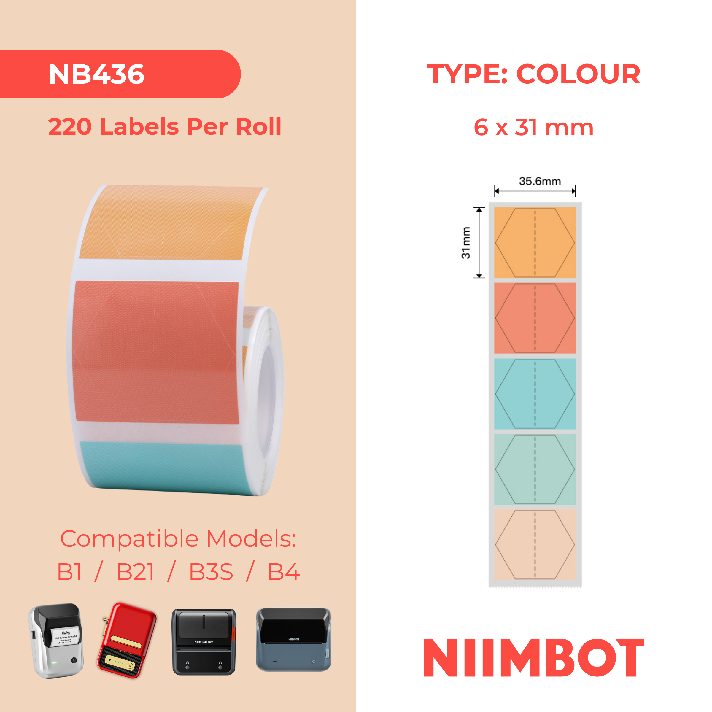 NB436 - NIIMBOT - B1 / B21 / B3S / B4 - 35.6X31MM - 220 THERMAL LABELS (MULTI-COLOUR) - HEXAGON DESIGN