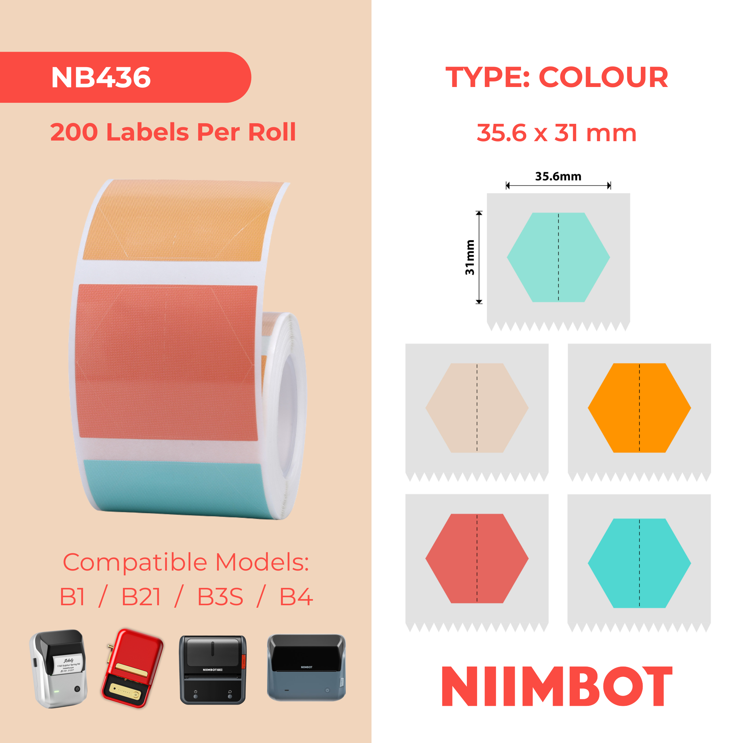 NB436 - Niimbot - B1 / B21 / B31 / B3S / B4 - 35.6x31mm - 220 Multi-Colour Hexagon Labels