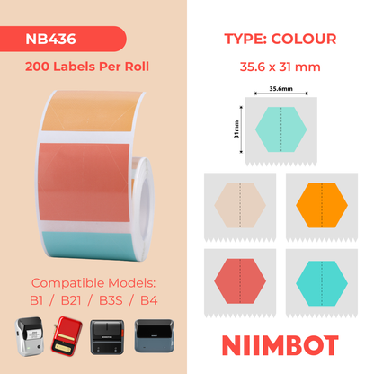 NB436 - Niimbot - B1 / B21 / B31 / B3S / B4 - 35.6x31mm - 220 Multi-Colour Hexagon Labels