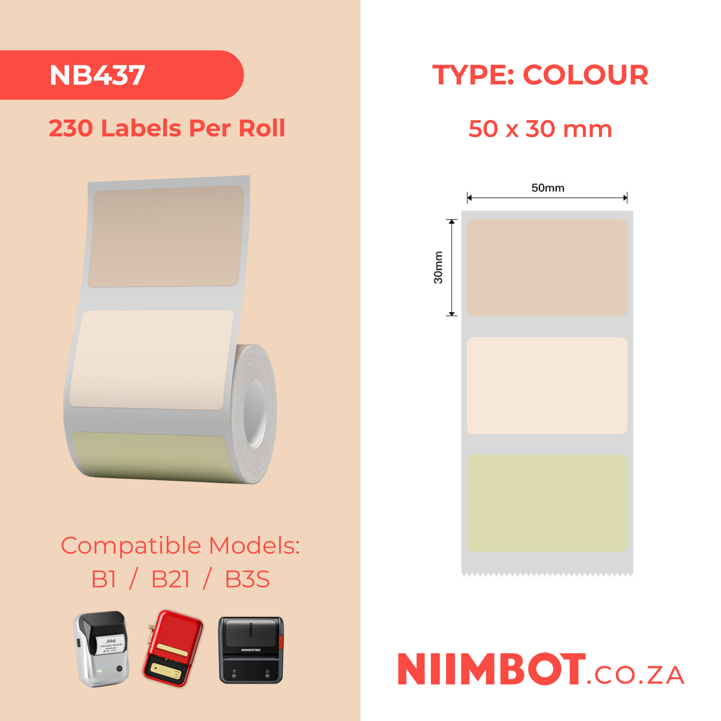 NB437 - NIIMBOT - B1 / B21 / B3S / B4 - 50X30MM - 230 THERMAL LABELS (MULTI-COLOUR)