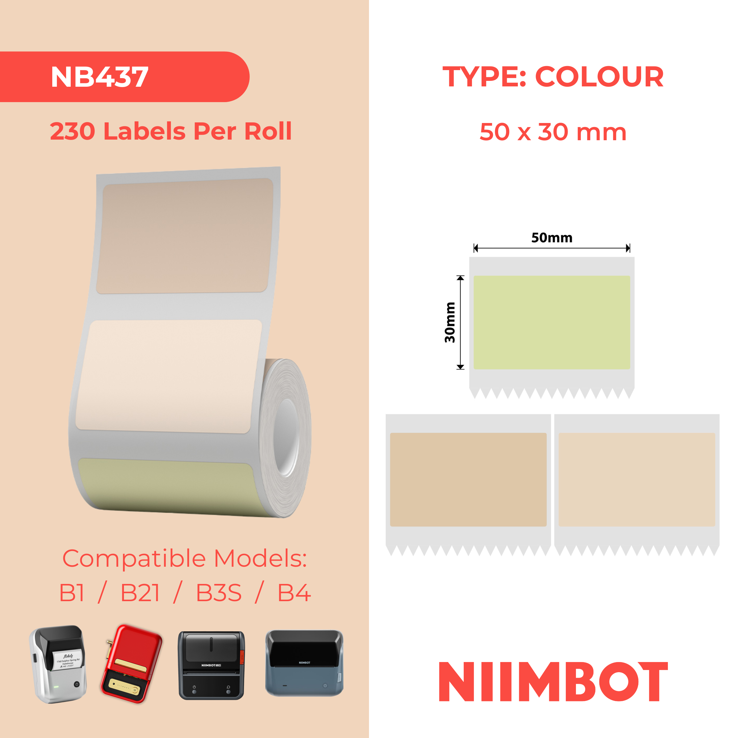 NB437 - Niimbot - B1 / B21 / B31 / B3S / B4 - 50x30mm - 230 Multi-Colour Labels