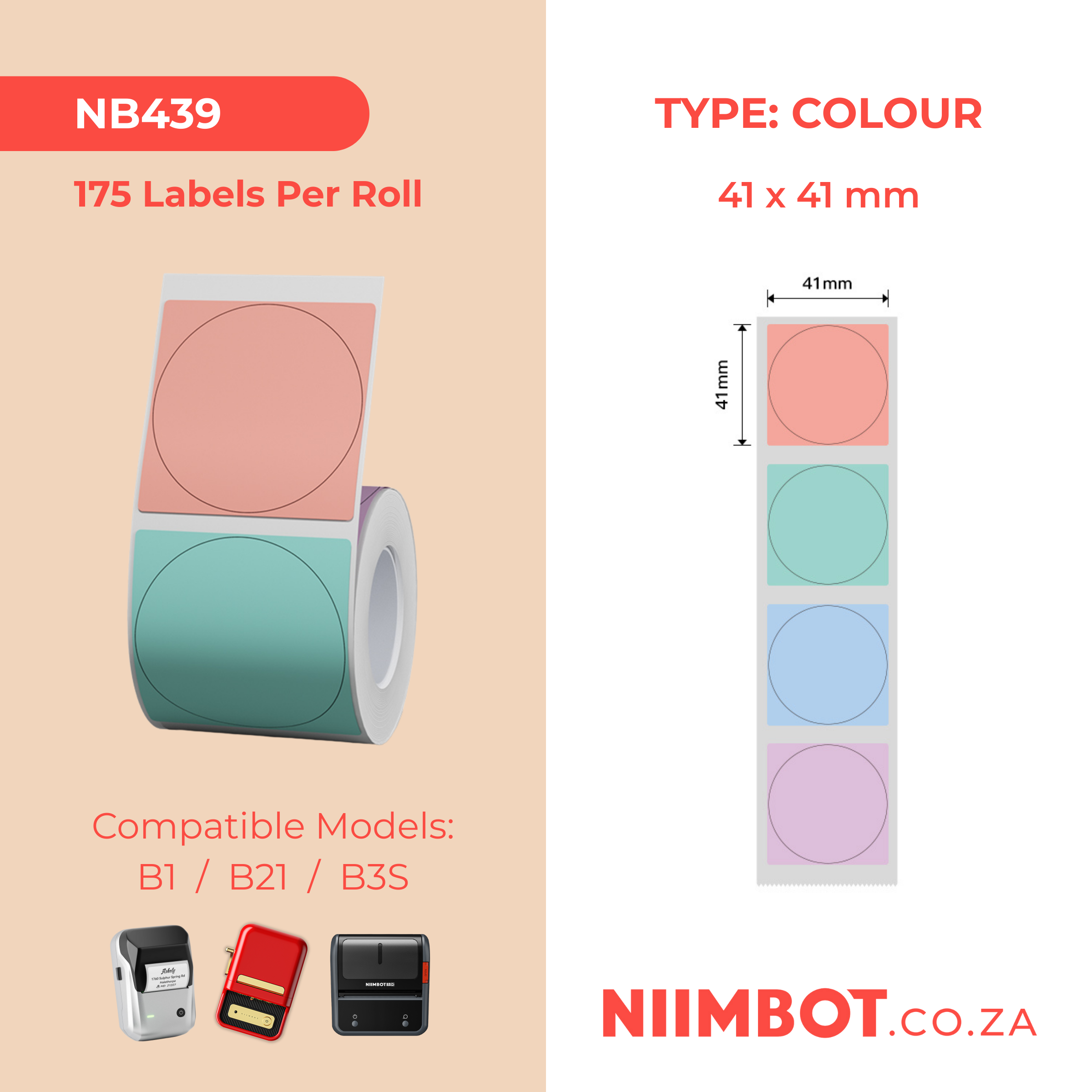 NB439 - NIIMBOT - B1 / B21 / B3S / B4 - T41X41MM - 175 ROUND THERMAL LABELS - MULITI-COLOUR DESIGN