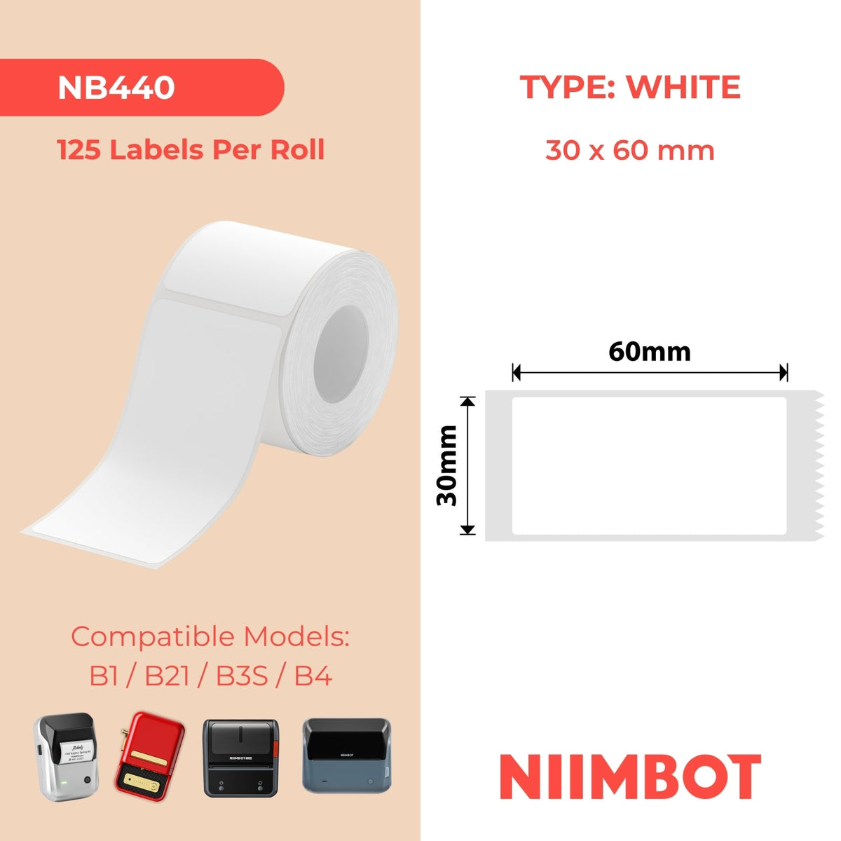 NIIMBOT - B Range - 30x60mm - White - 125 Labels