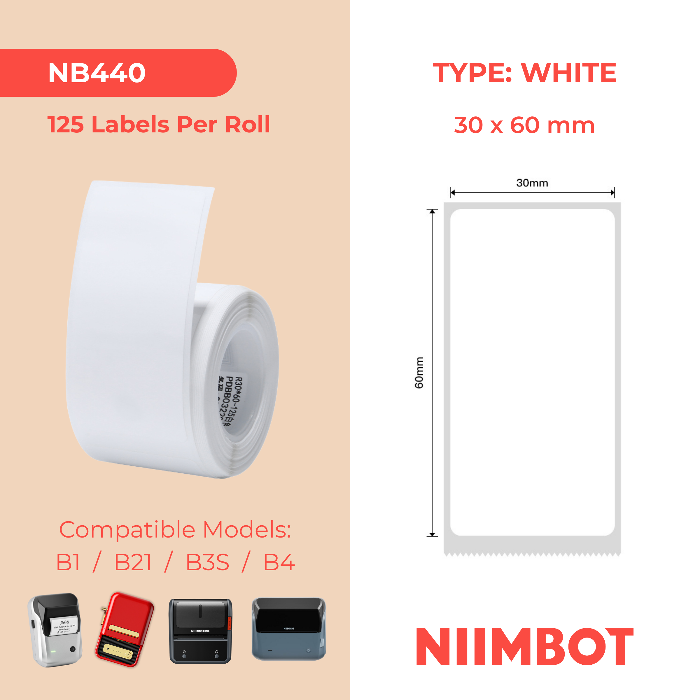 NB440 - NIIMBOT - B1 / B21 / B3S / B4 - 30X60MM - 125 LABELS PER ROLL - WHITE