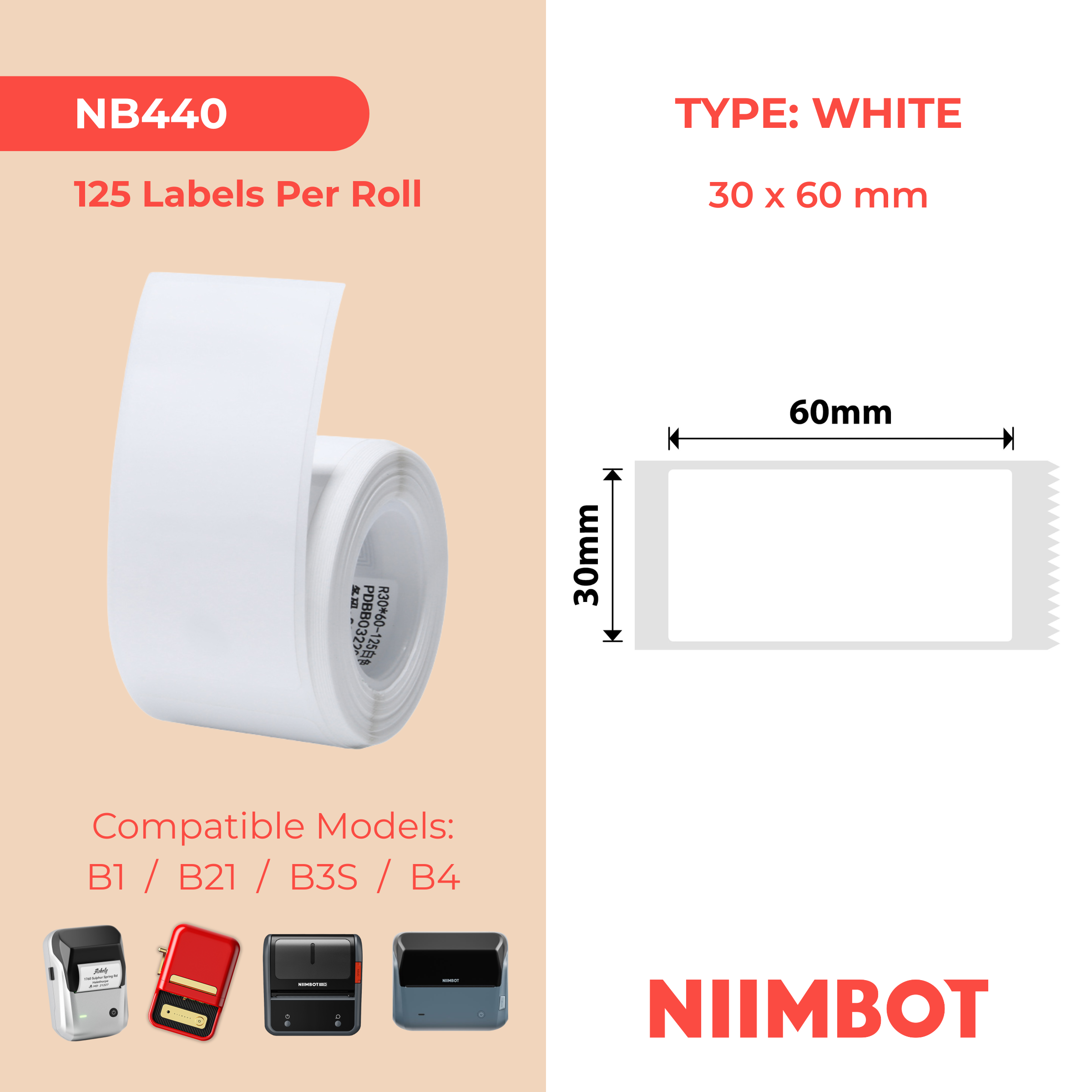 NB440 - Niimbot - B1 / B21 / B31 / B3S / B4 - 30x60mm - 125 White Labels