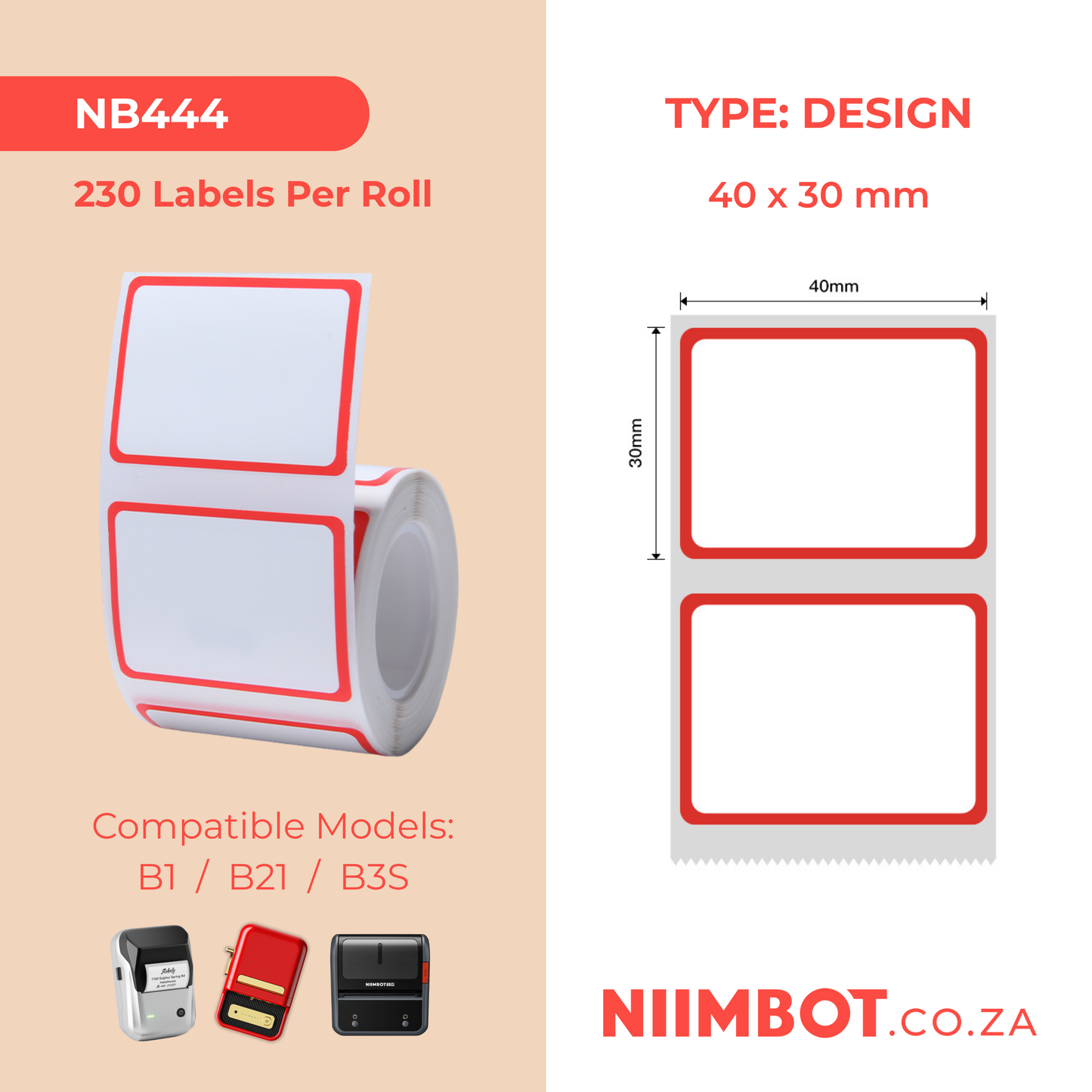 NB444 - NIIMBOT - B1 / B21 / B3S - 40X30MM - 230 THERMALS LABELS - RED FRAME DESIGN