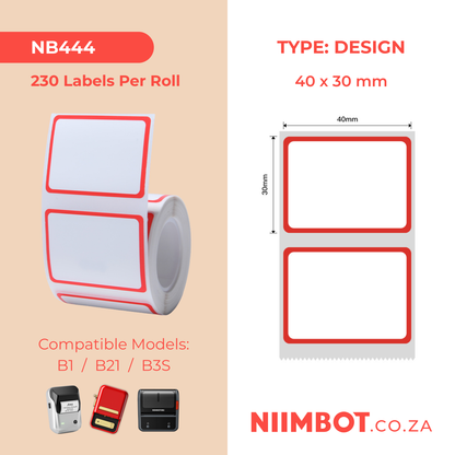 NB444 - NIIMBOT - B1 / B21 / B3S / B4 - 40X30MM - 230 THERMALS LABELS - RED FRAME DESIGN