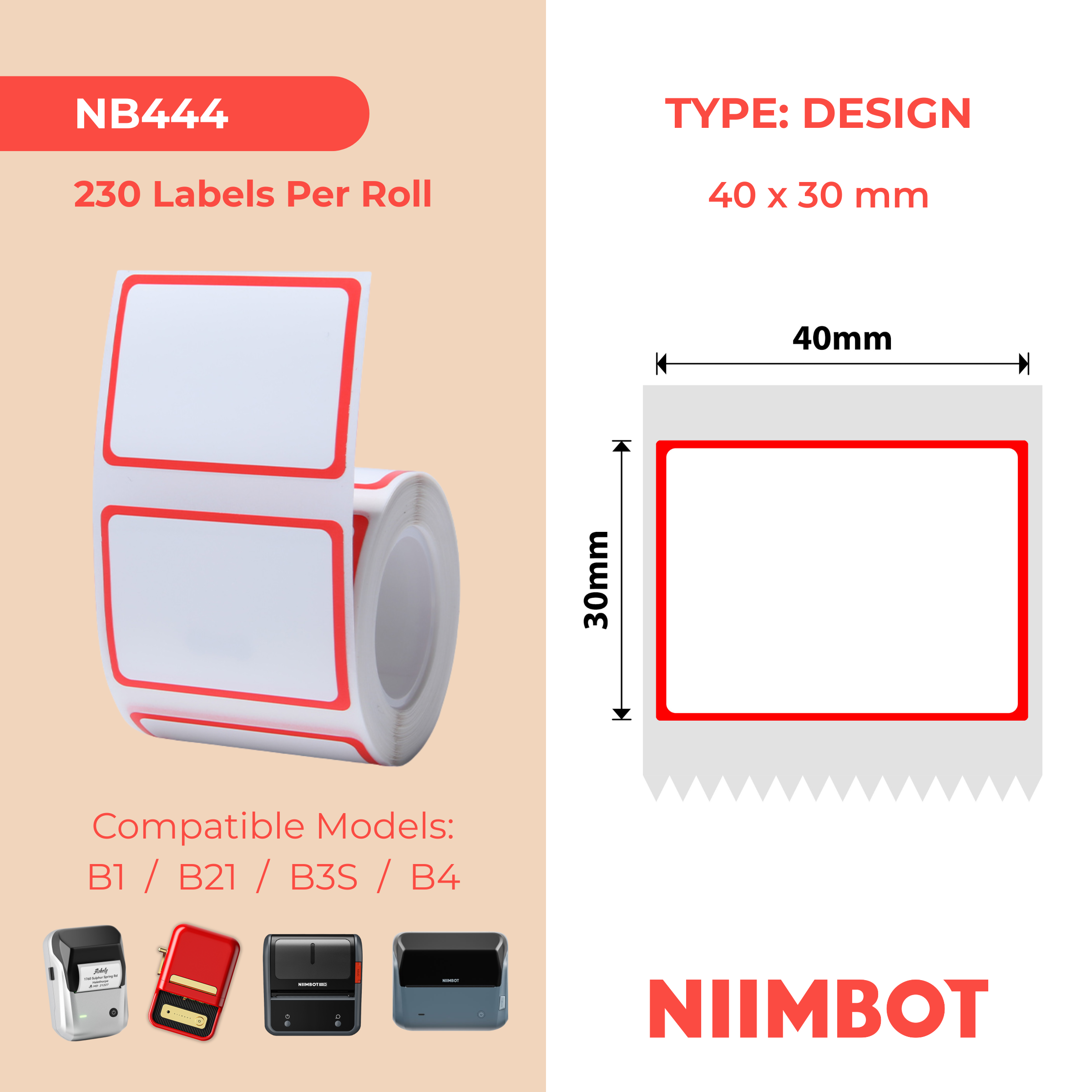 NB444 - Niimbot - B1 / B21 / B31 / B3S / B4 - 40x30mm - 230 Red Frame Labels