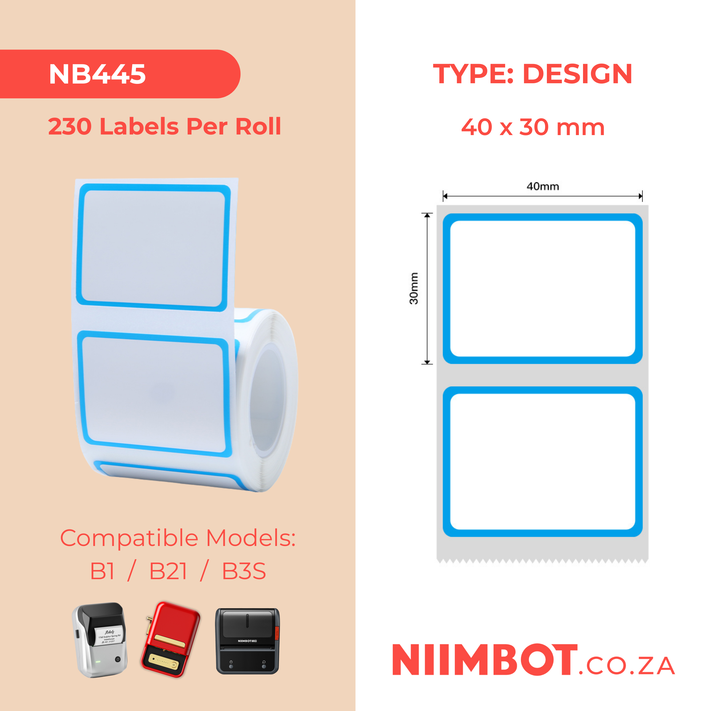 NB445 - NIIMBOT - B1 / B21 / B3S / B4 - 40X30MM - 230 LABELS PER ROLL - BLUE FRAME DESIGN