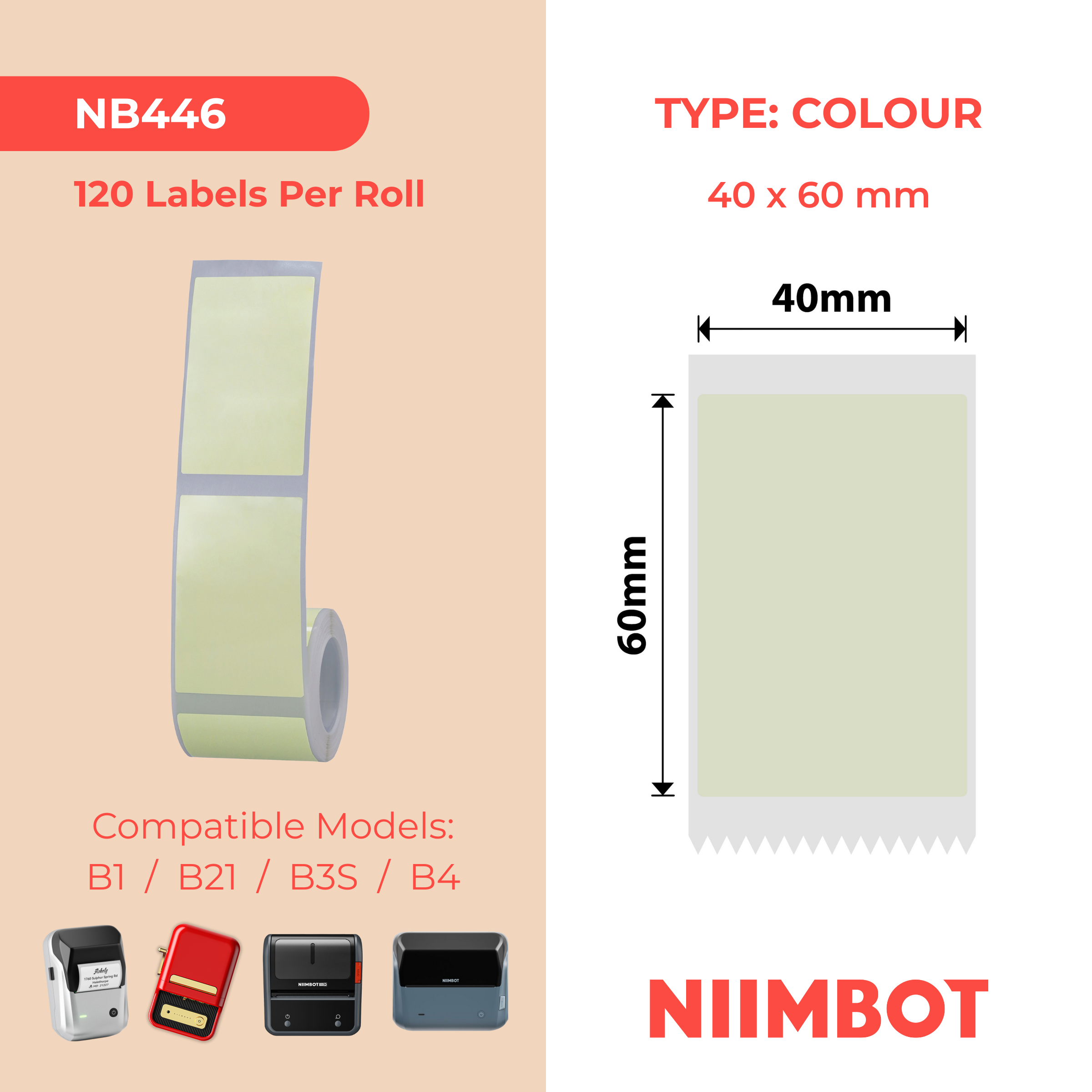 NB446 - Niimbot - B1 / B21 / B31 / B3S / B4 - 40x60mm - 120 Green Labels
