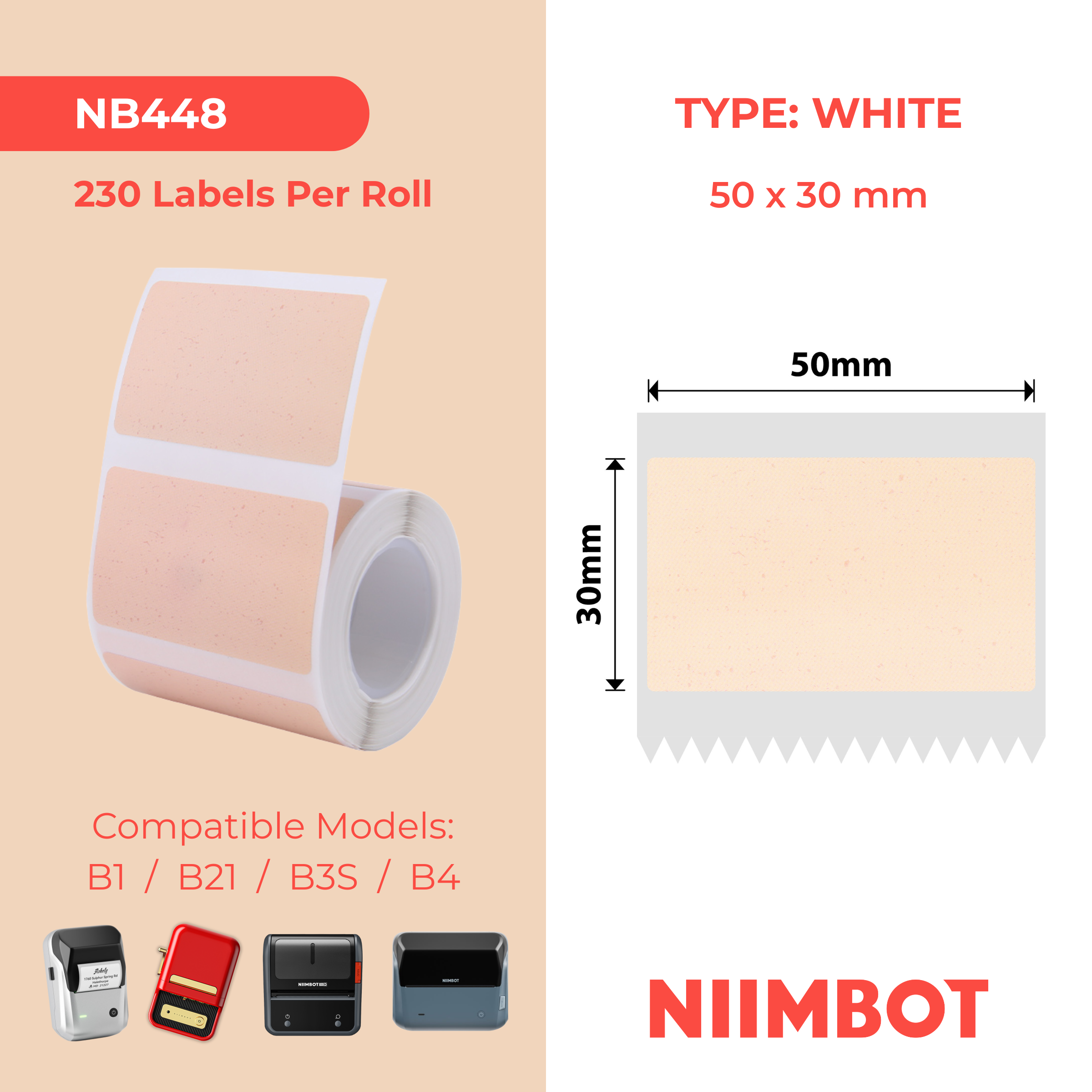 NB448 - Niimbot - B1 / B21 / B31 / B3S / B4 - 50x30mm - 230 Kraft Labels