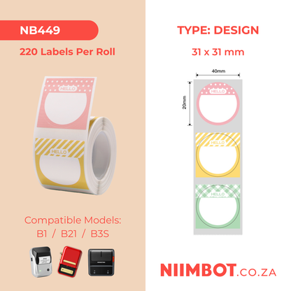 NB449 - NIIMBOT - B1 / B21 / B3S / B4 - T31X31MM - 220 LABELS PER ROLL - HELLO DESIGN