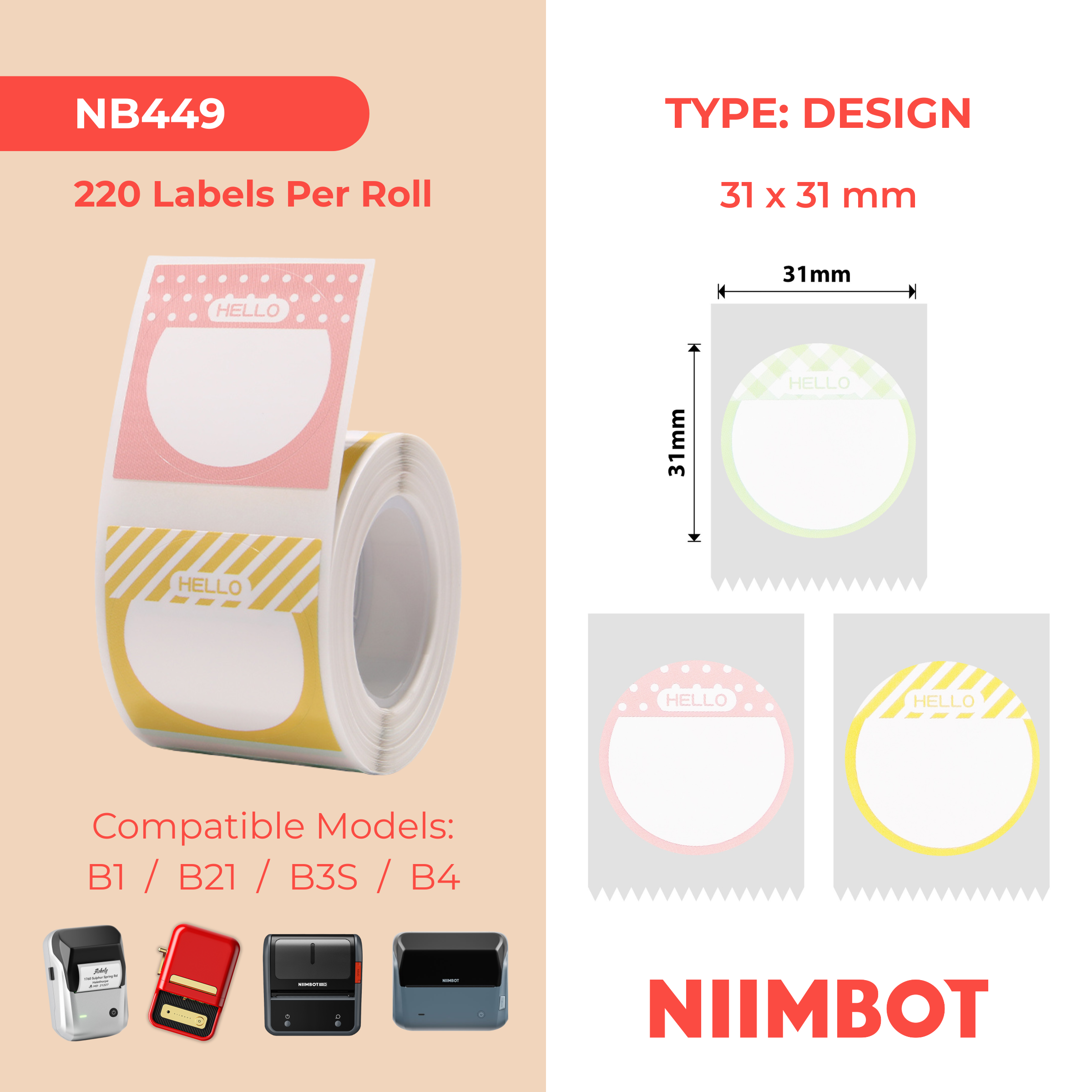 NB449 - Niimbot - B1 / B21 / B31 / B3S / B4 - 31x31mm - 220 Hello Labels