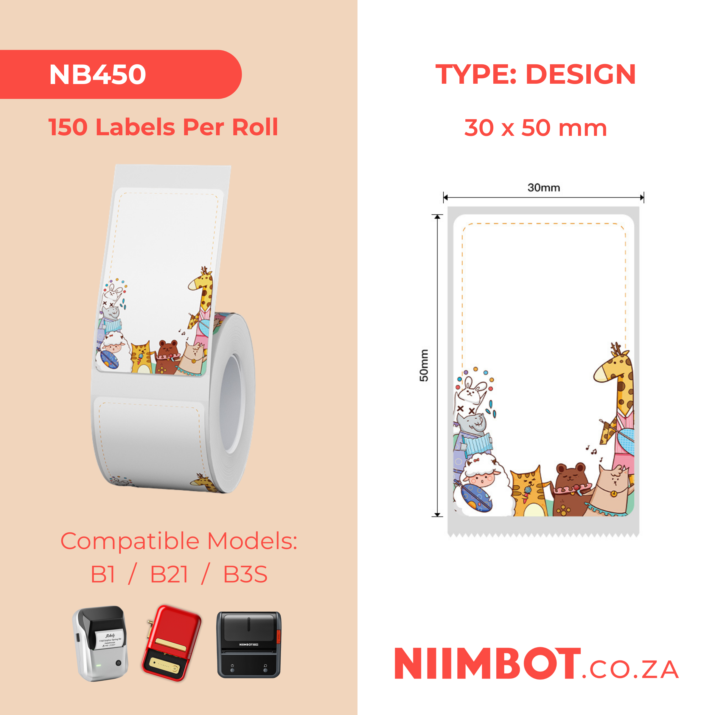 NB450 - NIIMBOT - B1 / B21 / B3S / B4 - 30X50MM - 150 LABELS PER ROLL - FUN ANIMAL DESIGN