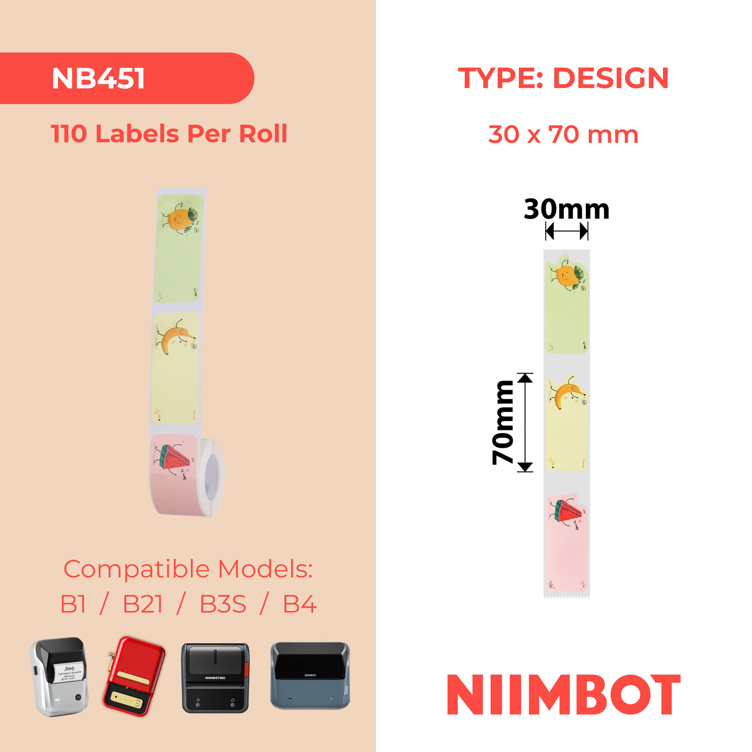 NB451 - NIIMBOT - B1 / B21 / B3S / B4 - T30X70MM - 110 LABELS PER ROLL - FRUITY PARTY DESIGN
