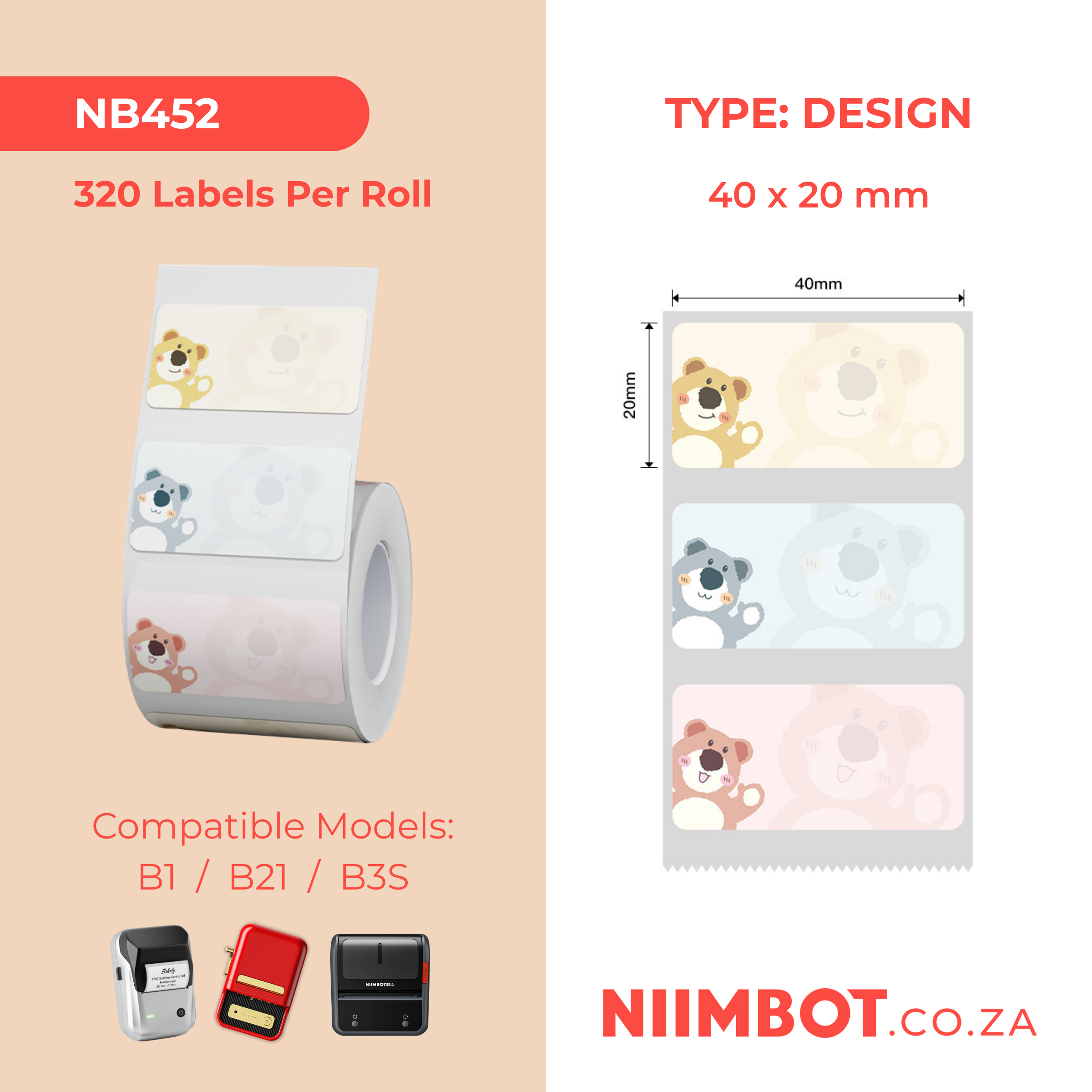 NB452 - NIIMBOT - B1 / B21 / B3S / B4 - T40X20MM - 320 LABELS PER ROLL - CUTE BEAR DESIGN