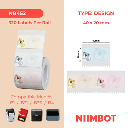 NB452 - Niimbot - B1 / B21 / B31 / B3S / B4 - 40x20mm - 320 Cute Bear Labels