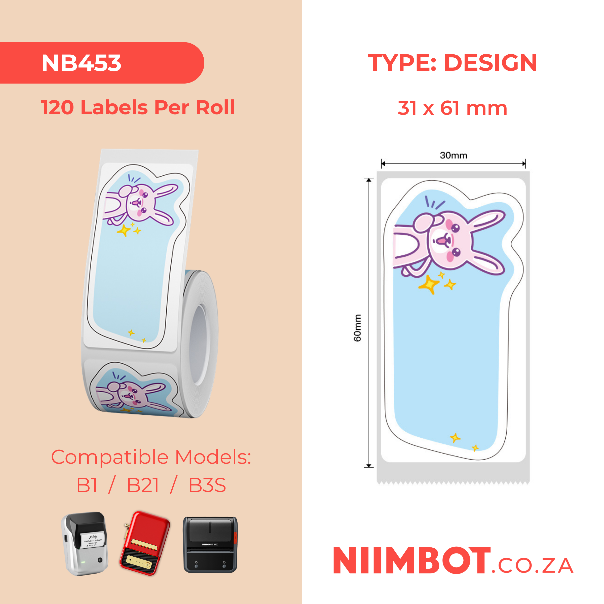 NB453 - NIIMBOT - B1 / B21 / B3S / B4 - T31X61MM - 120 LABELS PER ROLL - GOOD JOB DESIGN